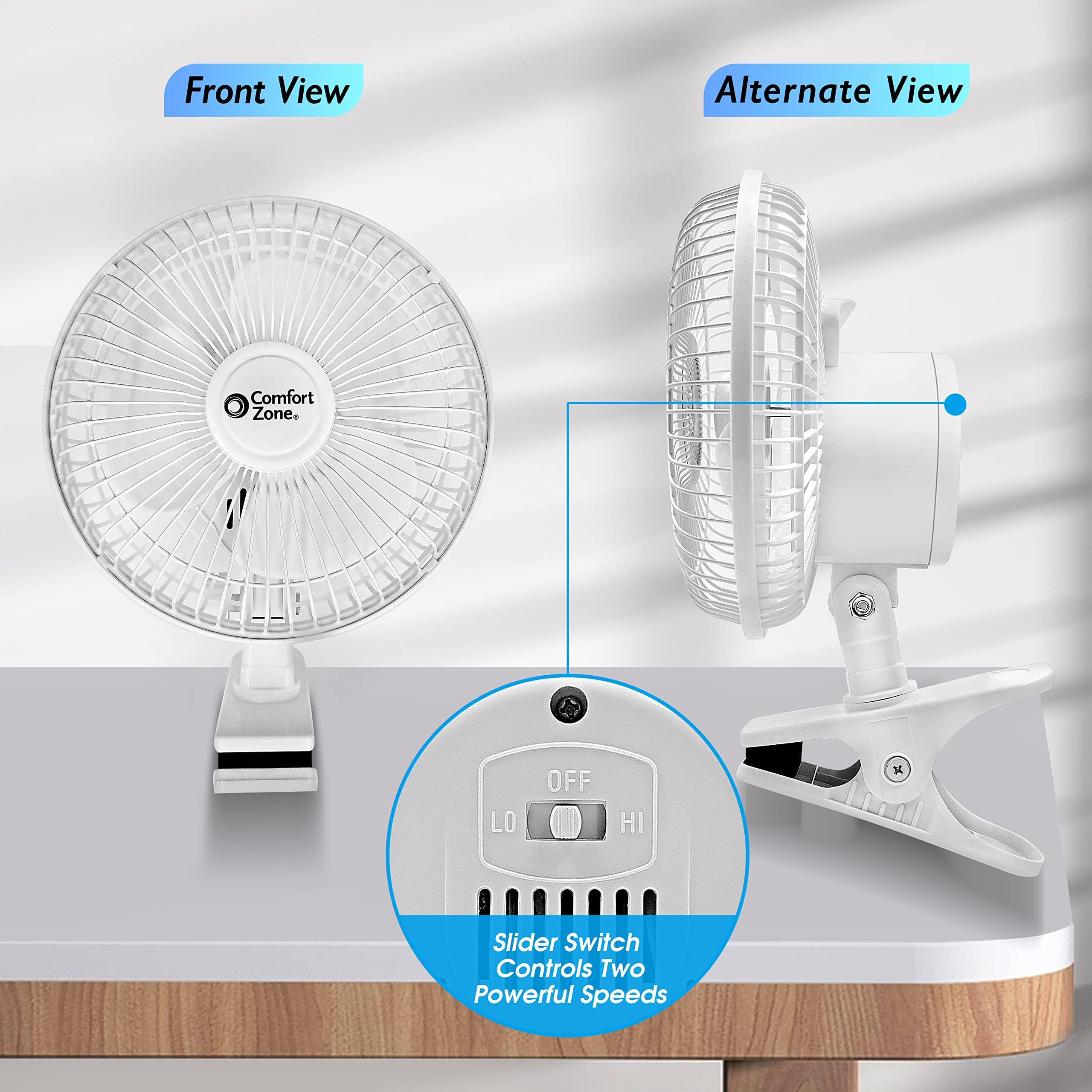 6 Inch Portable Clip on Fan - Adjustable Tilt, Quiet 2-Speed Electric Mini Desk Fan for Home, Office, Dorm | 6.53 ft/sec Airflow | Perfect for Bedroom Cooling, Workspace Ventilation & Personal Air Circulation