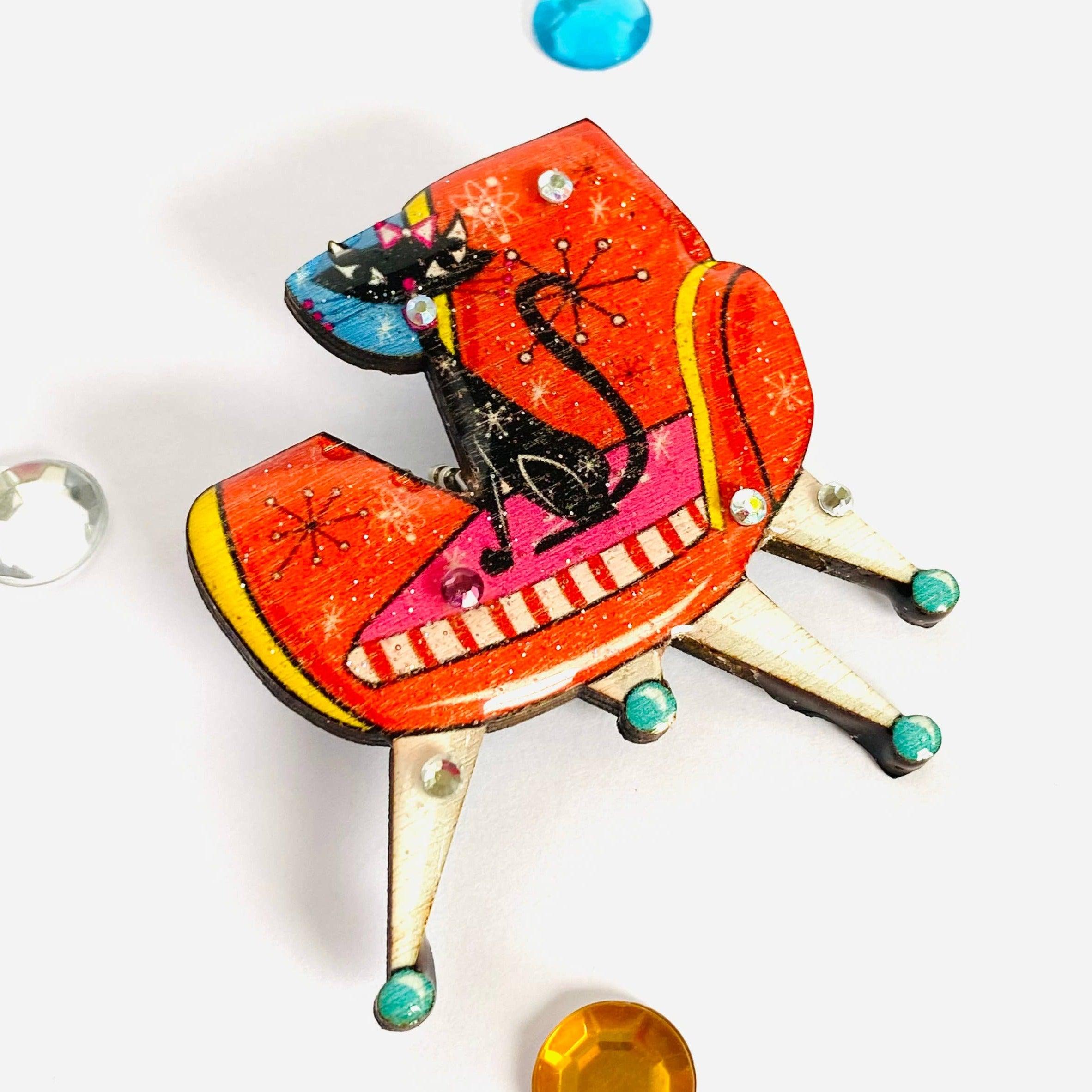 Vintage Atomic Cat Brooch by Rosie Rose Parker - Unique Handmade Cat Jewelry for Women, Retro Style Pin for Jackets, Bags & Scarves - Perfect Gift for Cat Lovers & Vintage Fashion Enthusiasts