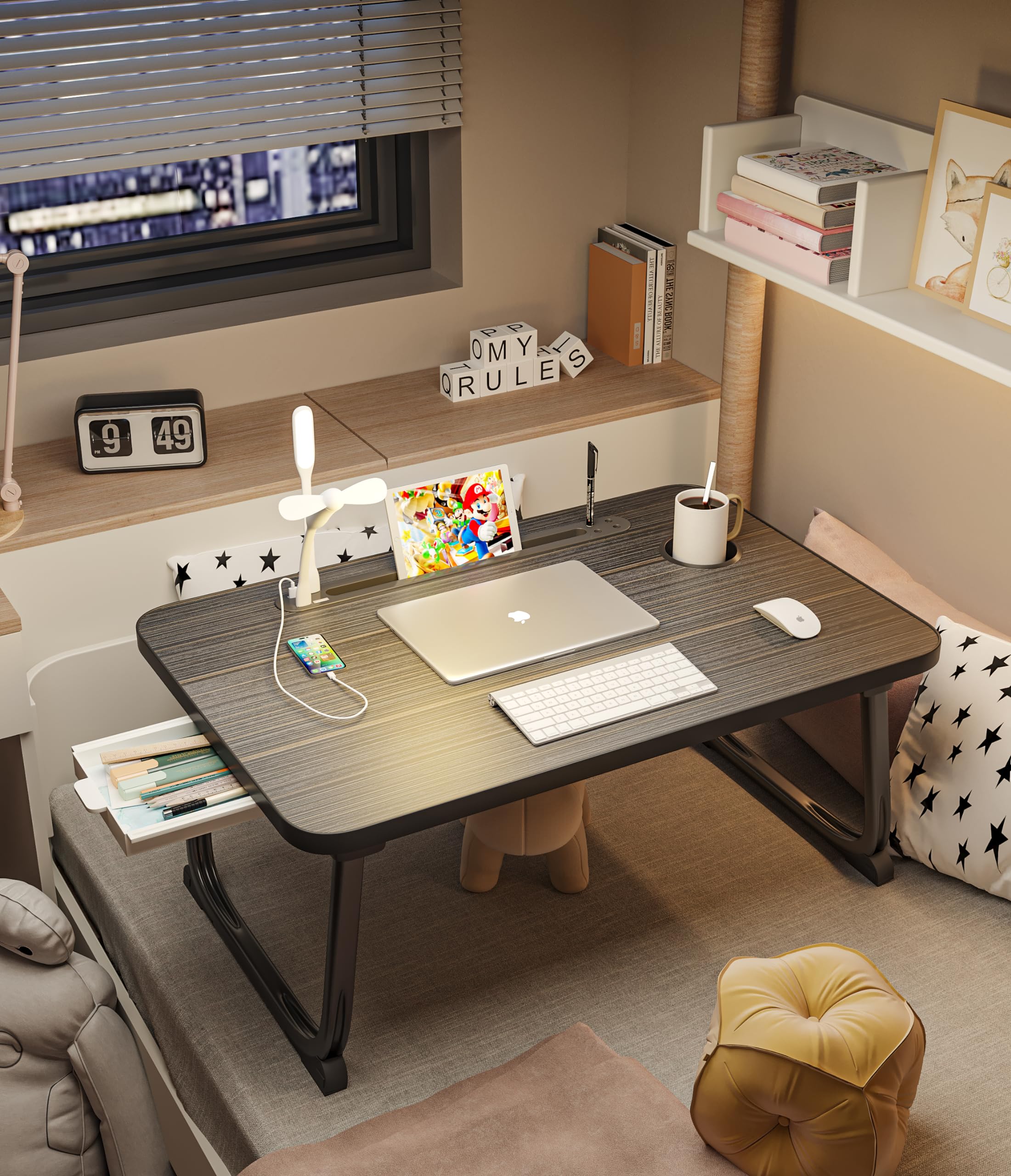 Foldable Laptop Desk with USB Charging Ports, LED Light & Storage Drawer - Portable Workstation for Bed, Sofa, Floor - Perfect for Home Office, Gaming & Remote Work