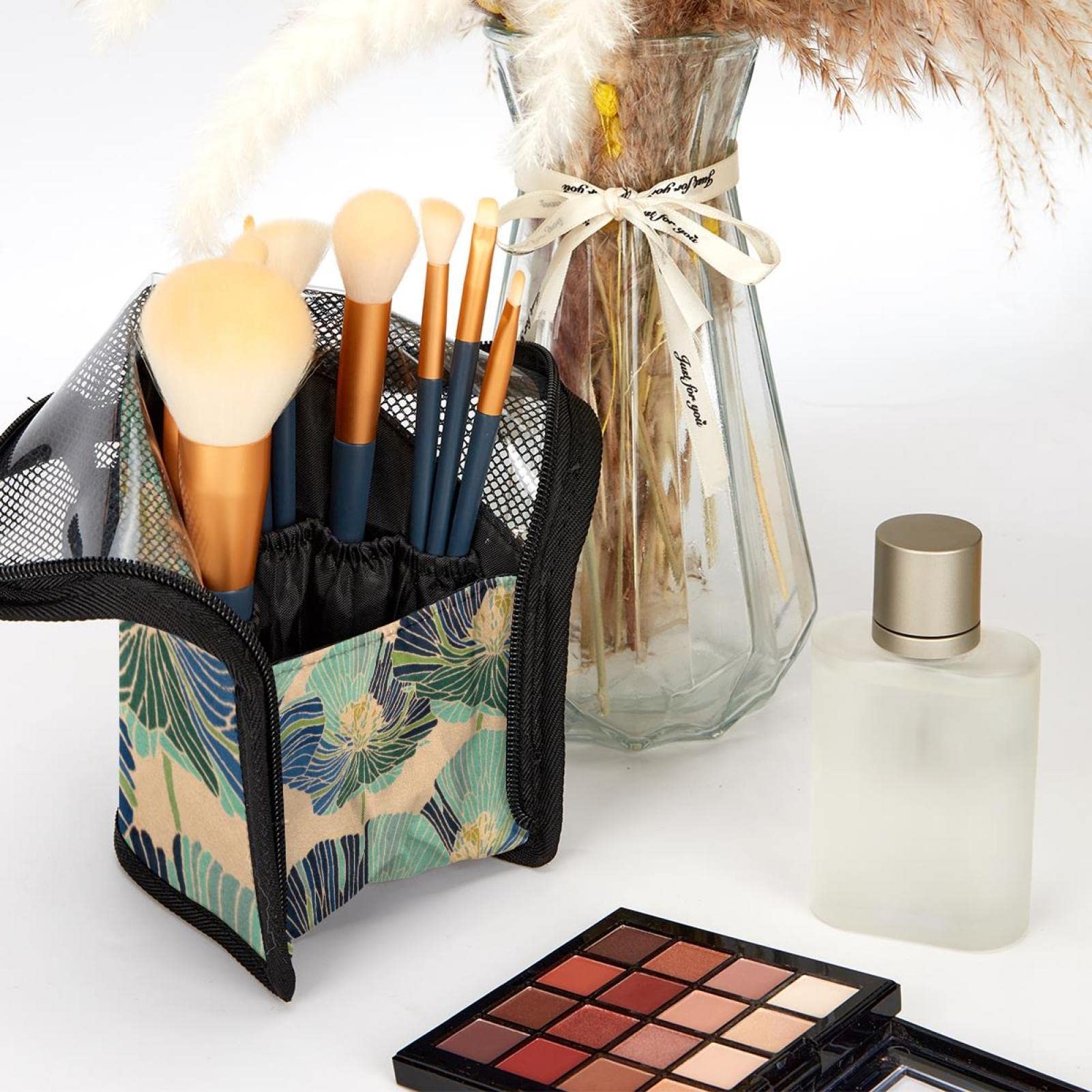 12-Piece Makeup Brush Organizer Bag with Floral Lotus Design - Portable Cosmetic Brush Holder Case for Travel, Home & Professional Makeup Artists