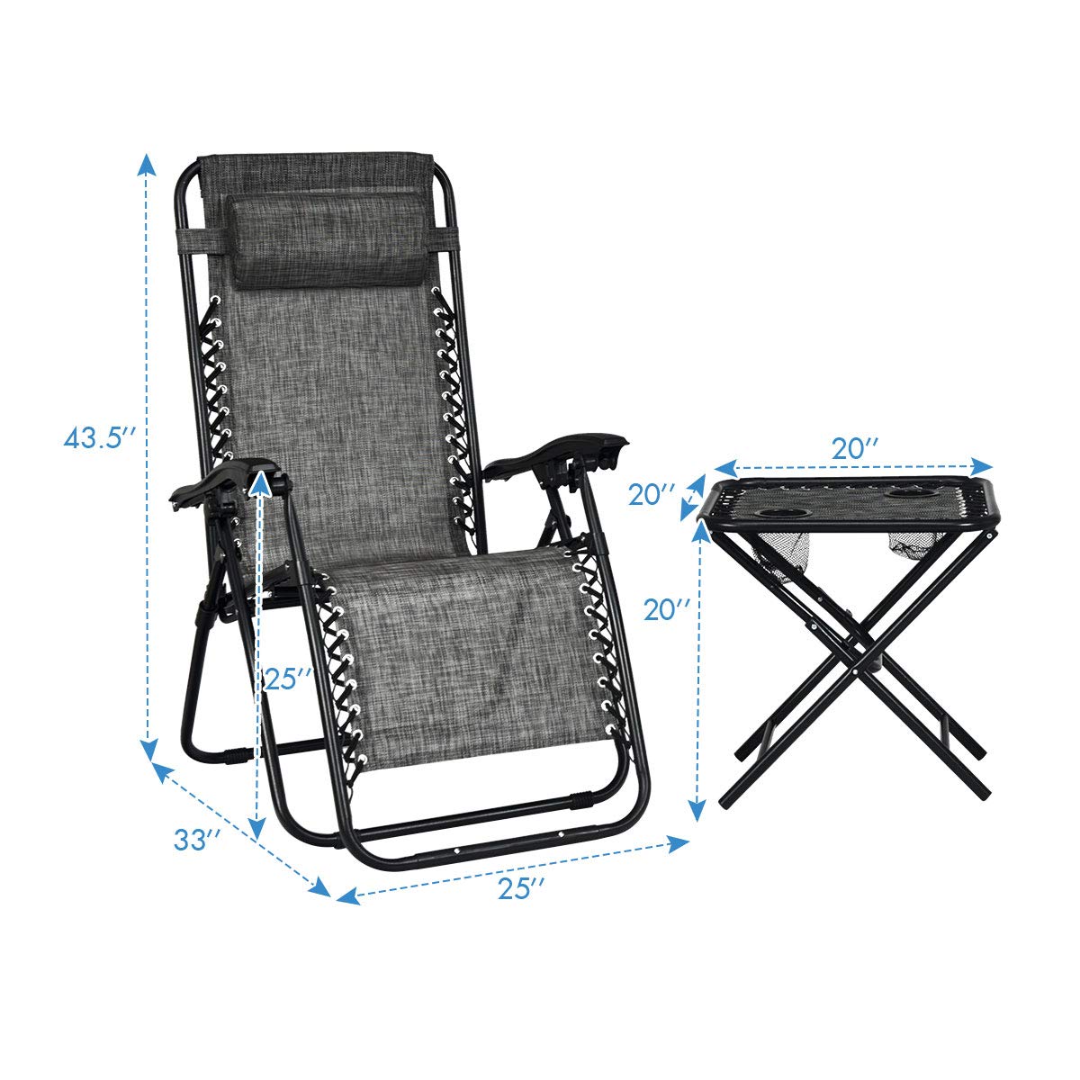 3PCS Patio Chaise Lounge Chairs - Adjustable Zero Gravity Recliners for Outdoor, Yard, Pool & Beach - Foldable Lounge Chair Set with Side Table - Perfect for Relaxing, Sunbathing & Backyard Lounging (Grey)