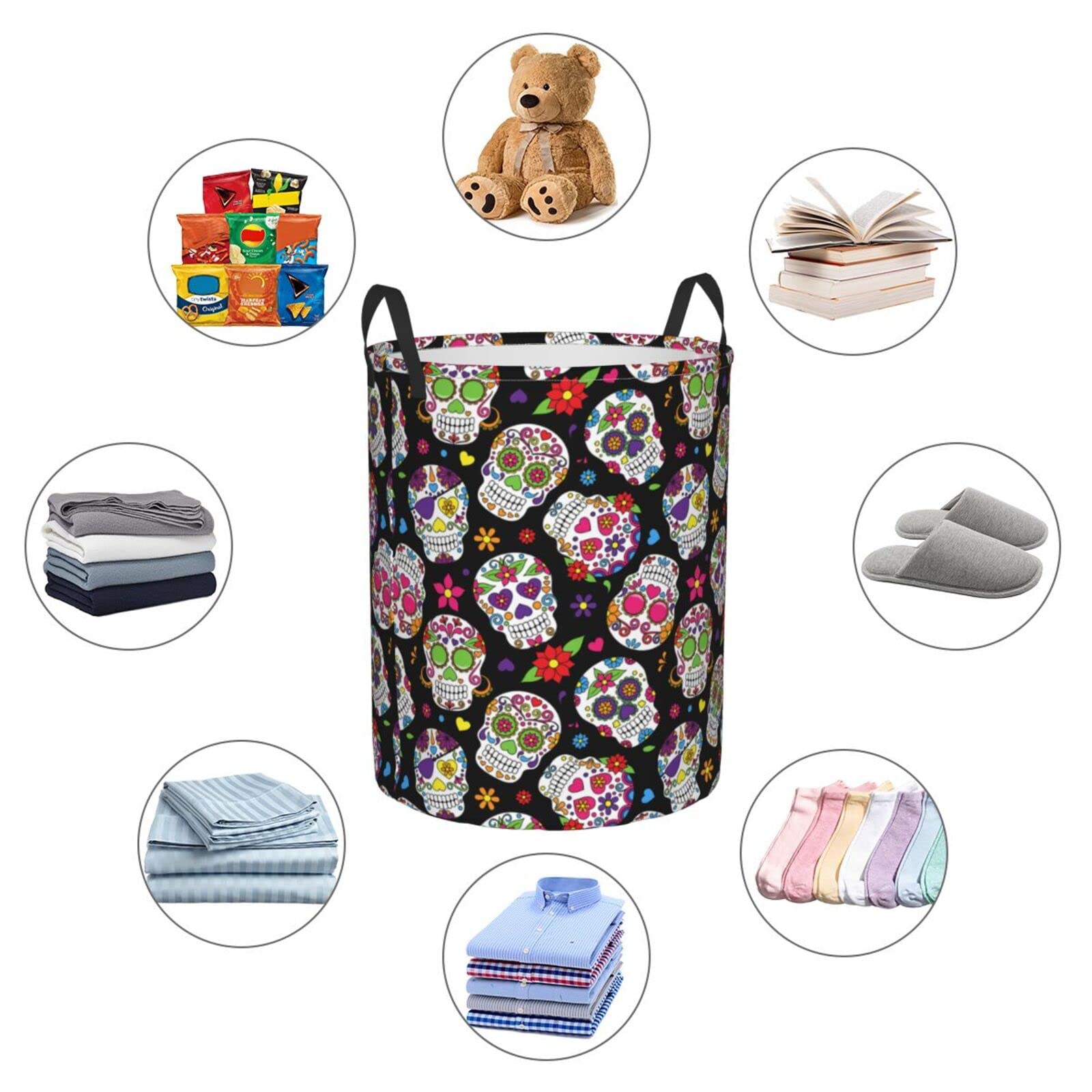 Day of the Dead Sugar Skulls Collapsible Laundry Basket - Waterproof Fabric Hamper with Handle for Clothes, Toys & Bathroom Storage - Perfect for Dorm, Bedroom & Laundry Room Organization