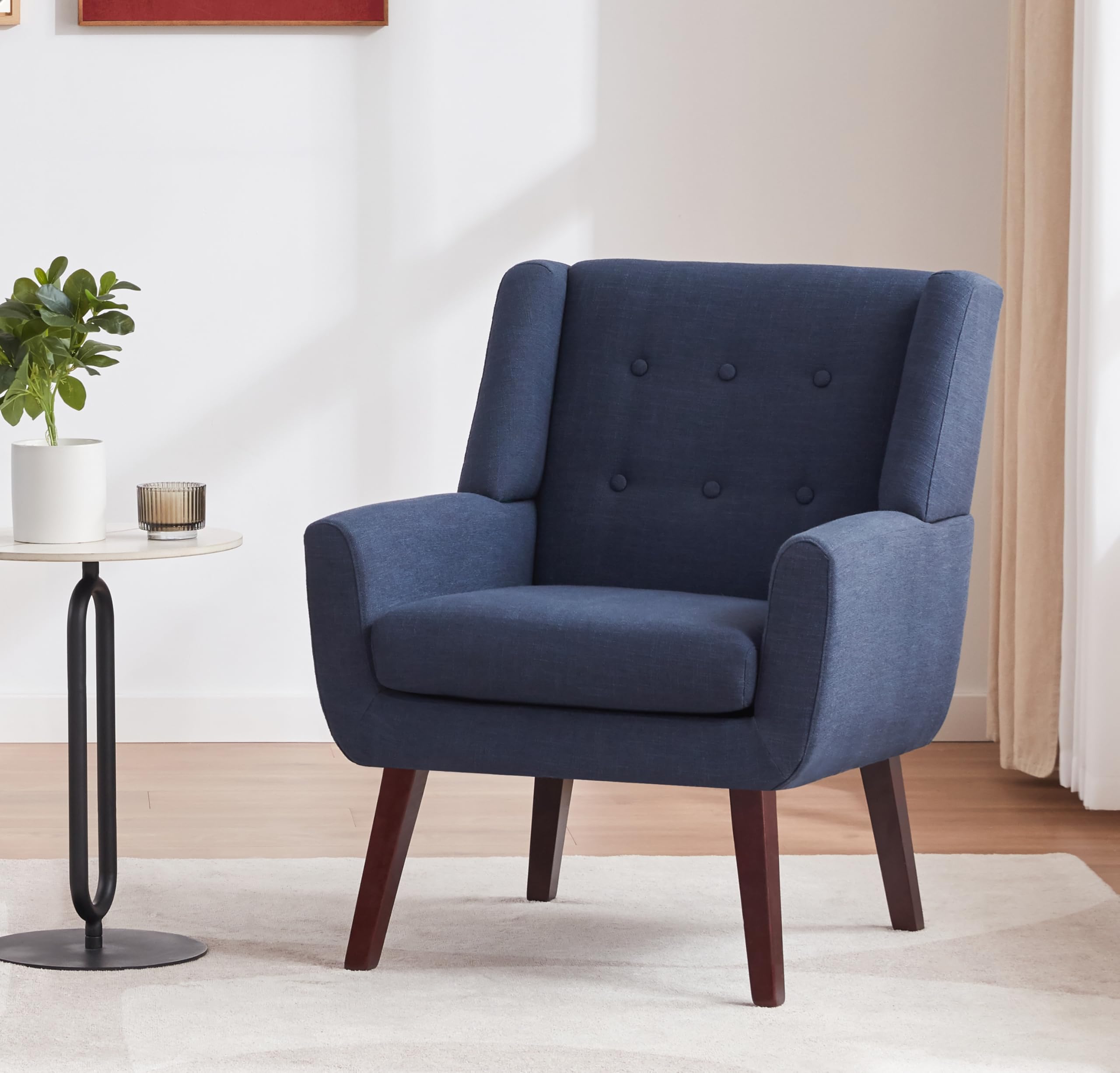 HUIMO Mid Century Modern Accent Chair - Dark Blue Upholstered Button Tufted Armchair with Linen Fabric for Living Room, Bedroom & Office - Comfortable Reading Chair for Relaxation & Home Decor