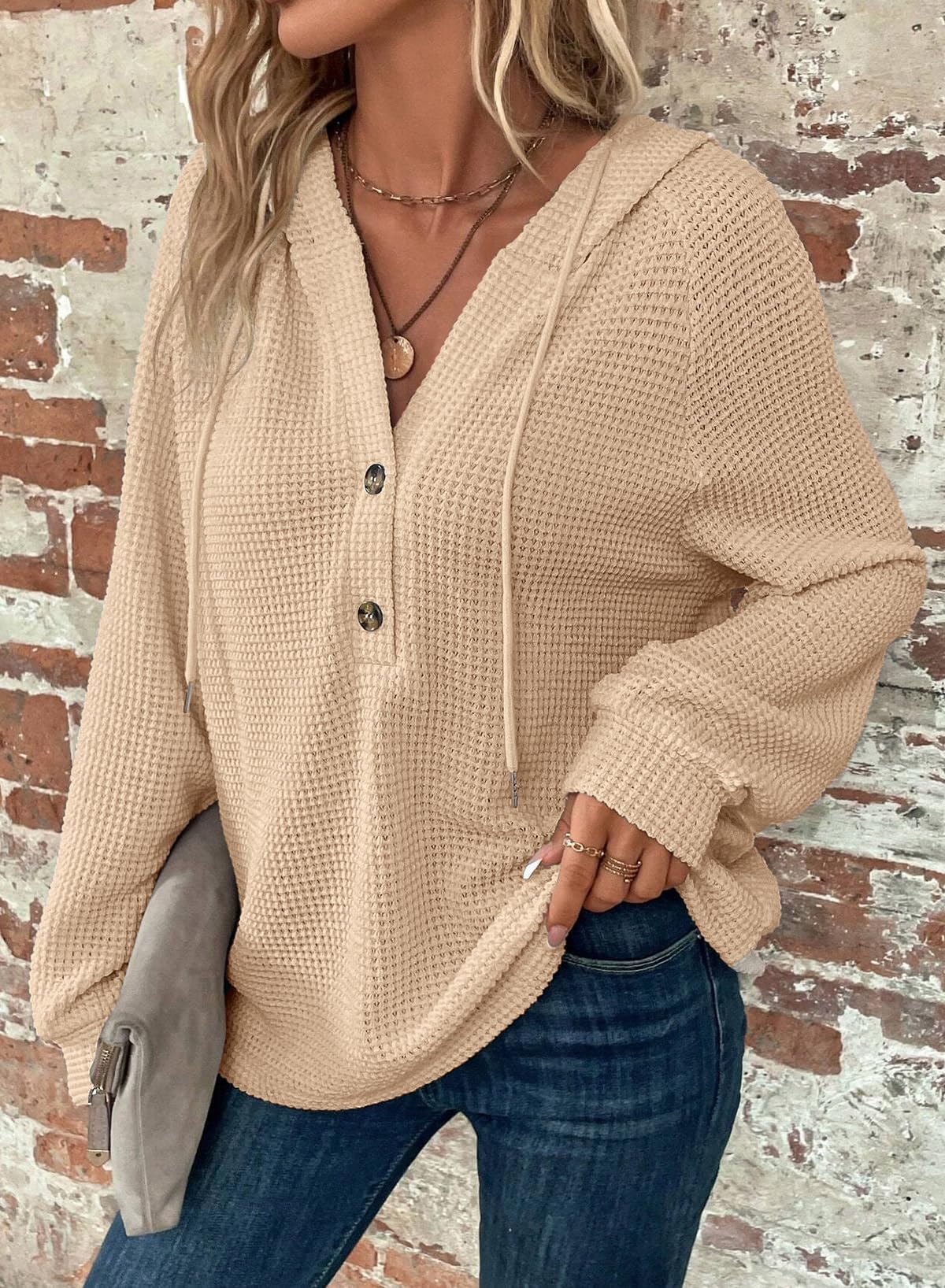 Dokotoo Women's Waffle Knit Hoodie - Long Sleeve Button V-Neck Pullover Sweatshirt with Drawstring | Casual Loungewear for Fall & Winter
