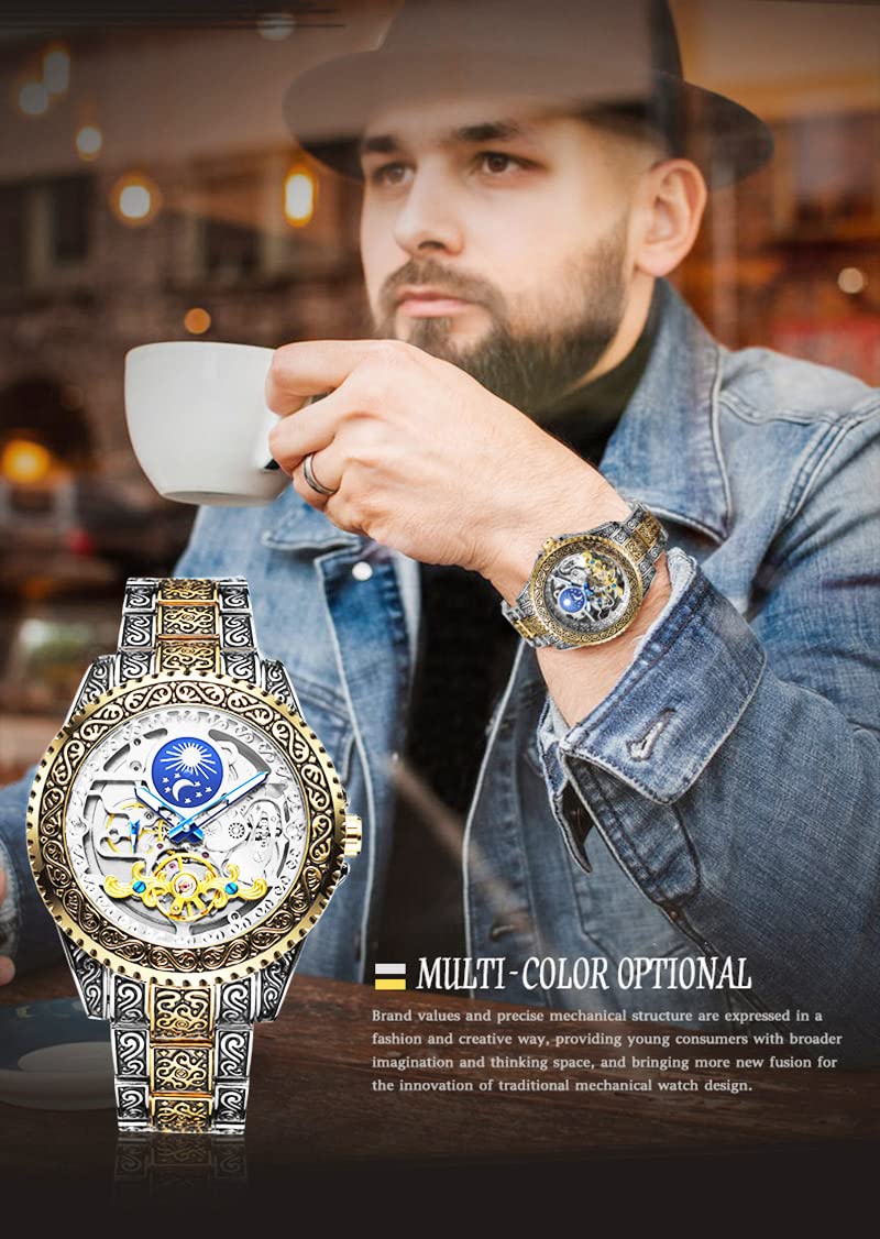 Luxury Men's Engraved Skeleton Watch - Stainless Steel Band with Unique Tattoo Pattern & Luminous Automatic Movement - Perfect for Formal Events, Business Meetings & Gift Giving