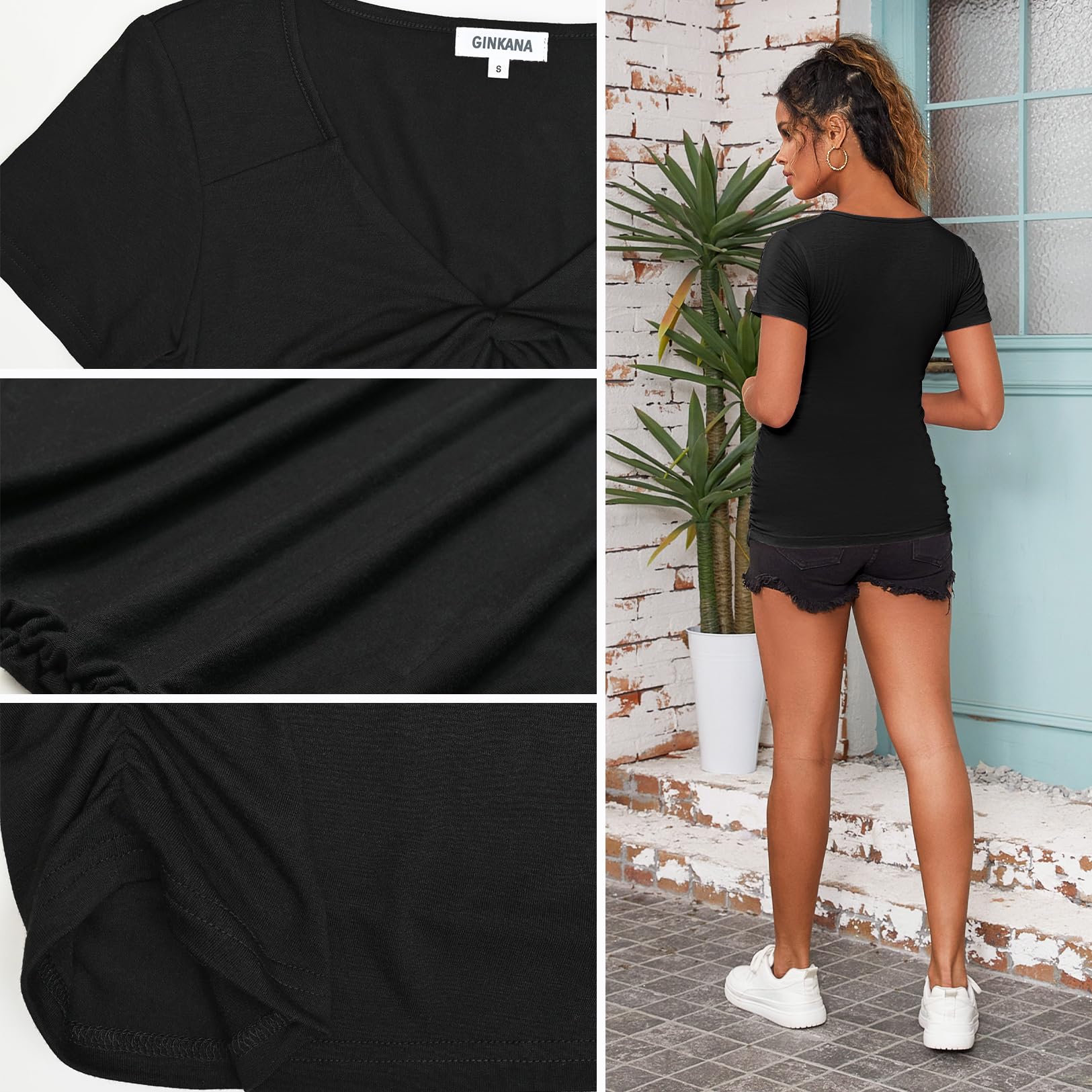 GINKANA Women's Maternity Tops - Short Sleeve Ruched Side Pregnancy Shirts, Casual Summer Maternity Tees & Tunics for Everyday Wear, Nursing Friendly Blouses