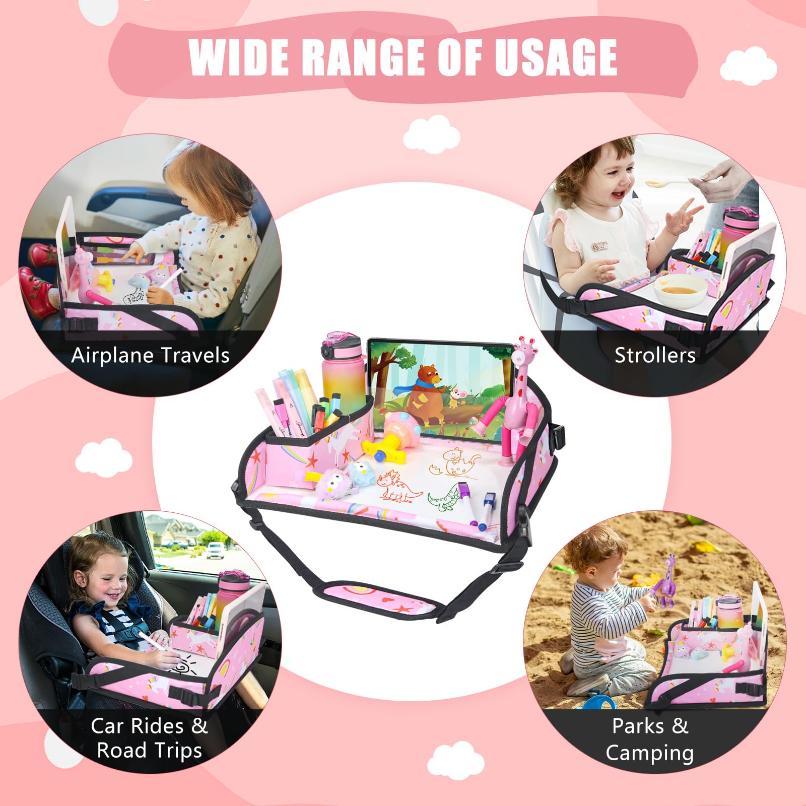 Upgraded Kids Travel Tray for Car Seat & Airplane - 2 Pack Toddler Lap Desk with Unicorn Design, Portable Table Tray for Road Trips & Flights | Perfect for Eating, Drawing & Playing During Travel (Pink Unicorn)