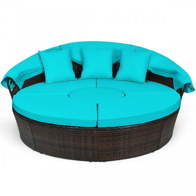 Turquoise Rattan Patio Daybed with Retractable Canopy & Adjustable Coffee Table - Outdoor Lounge Furniture for Poolside, Garden, or Backyard Relaxation