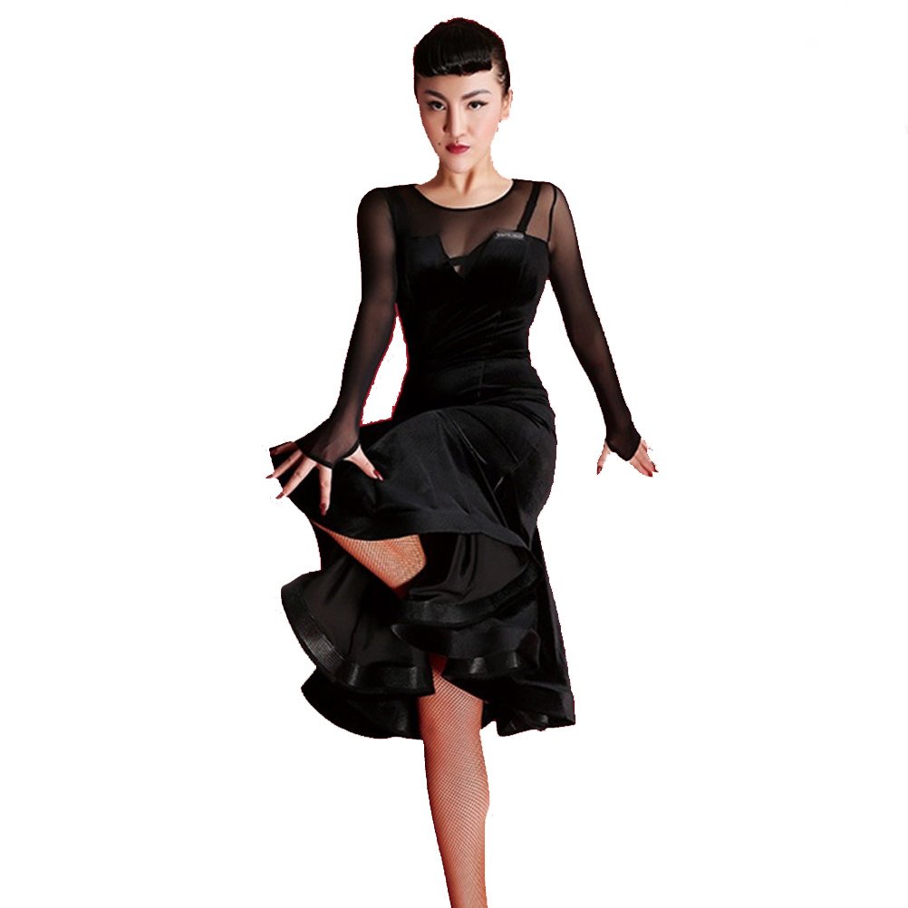 YILINFEIER Black Deep V-Neck Sexy Fish Tail Swing Ballroom Dress for Women - Perfect for Waltz, Salsa, Flamenco & Latin Dance Performances