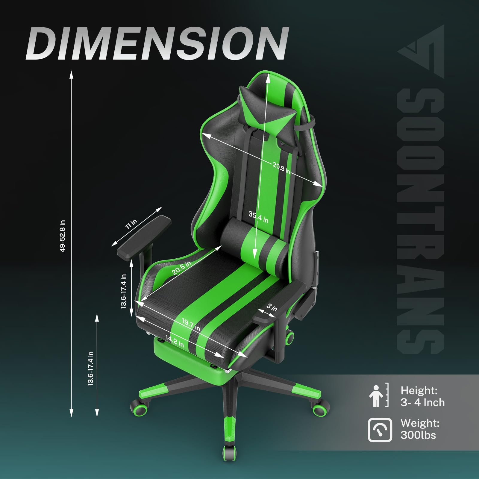 Soontrans Green Ergonomic Gaming Chair with Footrest - PU Leather Office Computer Chair with Adjustable Lumbar Support & Headrest for Adults - Perfect for Home Gaming Setup, Work from Home & Office Workspace
