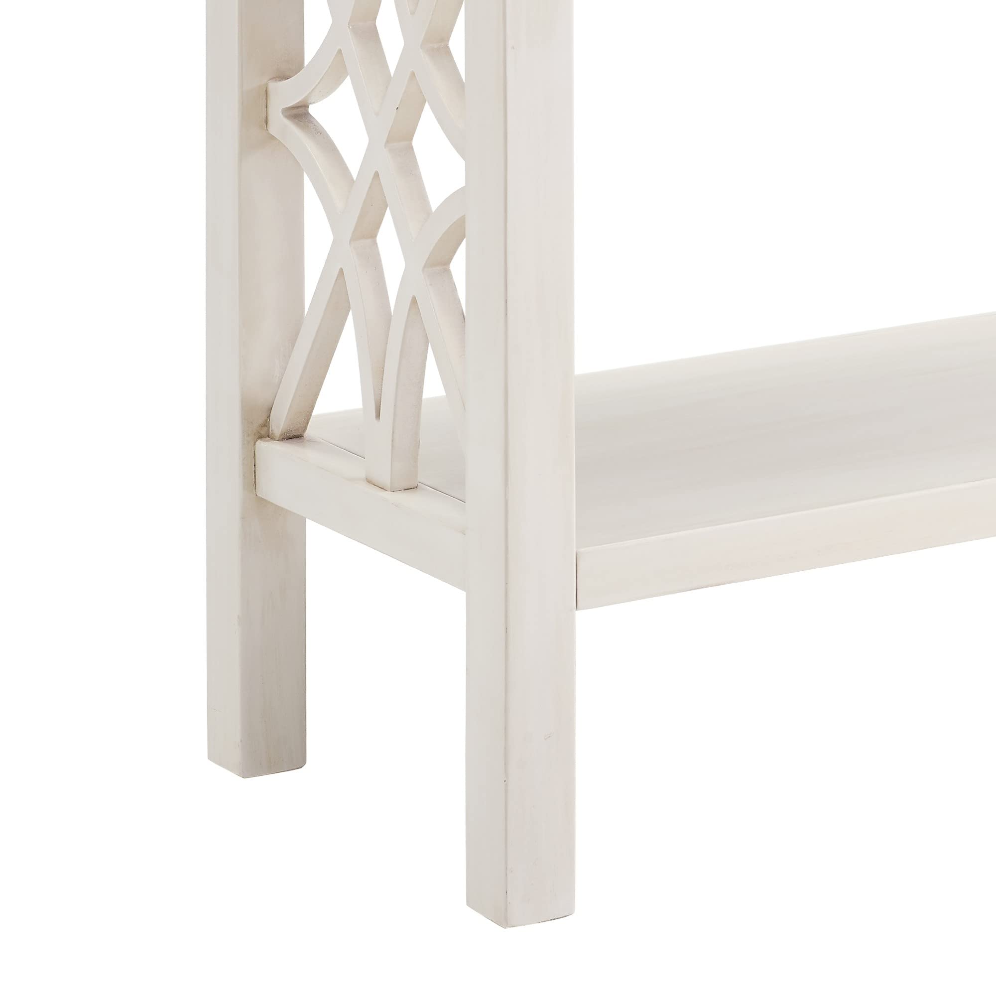 Benjara 2-Drawer Wooden Console Table with Geometric Side Panels - Antique White Finish Entryway Sofa Table for Hallway, Living Room & Bedroom Decor
