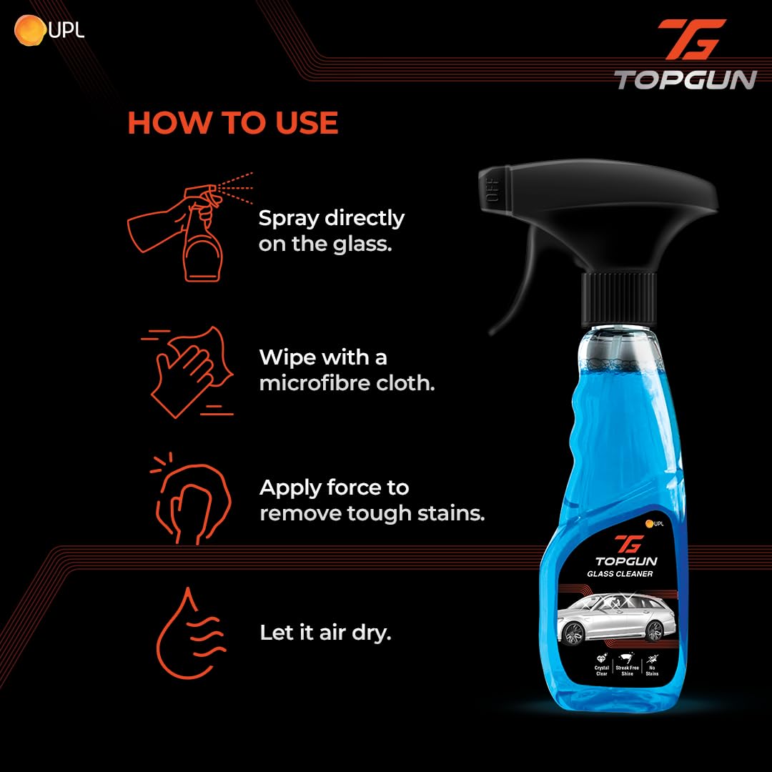 TOPGUN Glass Cleaner 250ml - Streak-Free Formula for Windows, Mirrors & Glass Surfaces | Removes Mud, Dirt, Grease & Fingerprints | Perfect for Home, Office & Car Cleaning
