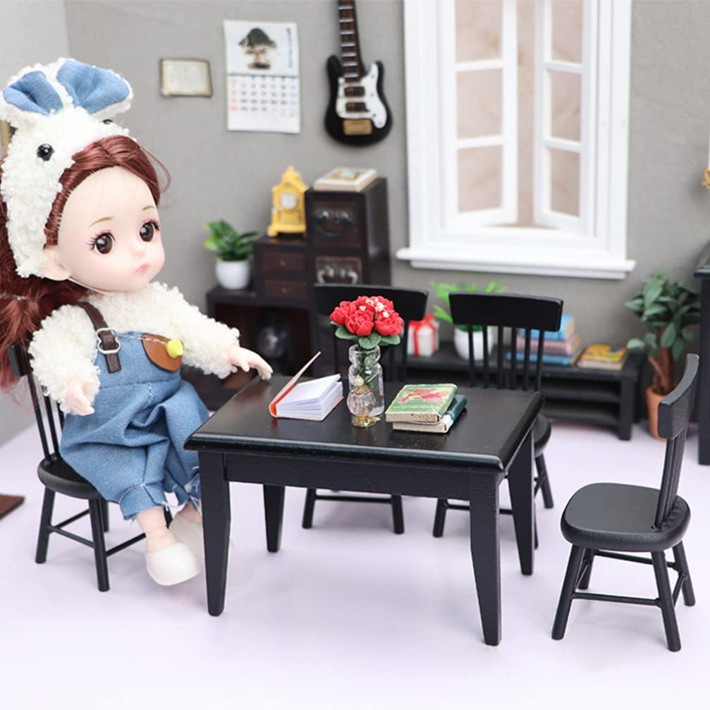 5-Piece Miniature Black Wooden Dining Table and Chairs Set - Dollhouse Furniture Accessories for 4 People | Perfect for Dollhouse Decor, Miniature Displays, and Collectible Scenes