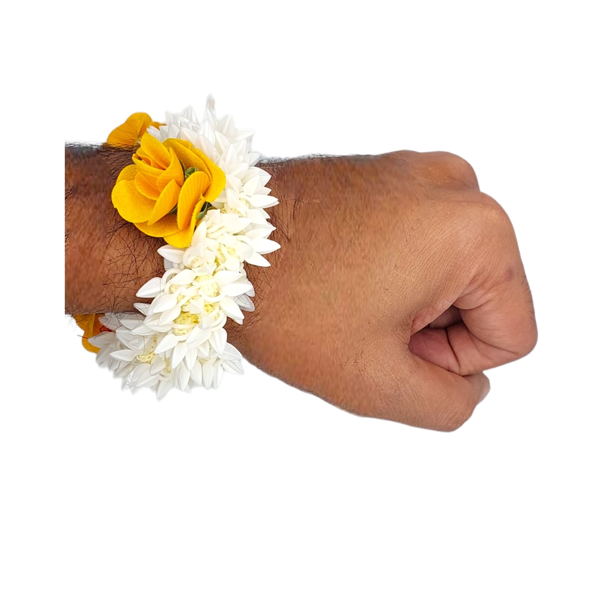 DIAN Pack of 2 White & Yellow Artificial Flower Hair Scrunchies for Women - Mogra Gajra Hair Bun Accessories for Wedding, Party & Boho Style (Perfect for Bridal, Festival & Everyday Fashion)