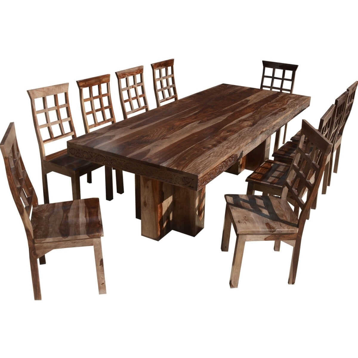 Rustic Solid Wood Double Pedestal Dining Table Set For 10 - Dallas Ranch Style Farmhouse Dining Room Furniture for Family Gatherings & Dinner Parties