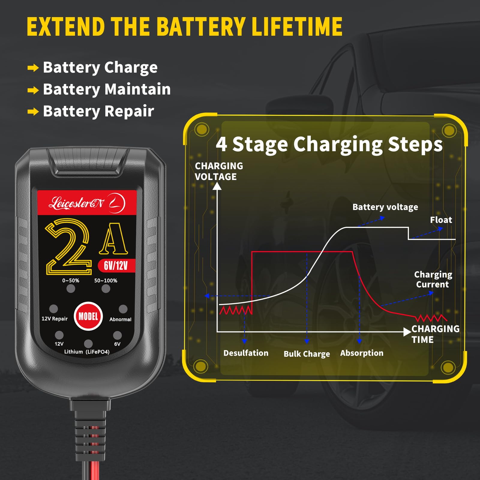 LST 2A Smart Battery Charger & Maintainer - 6V/12V Automatic Trickle Charger for Car, Motorcycle, Lawn Mower, Tractor - Compatible with SLA, AGM, Gel & Lead Acid Batteries - Perfect for Winter Storage & Long-Term Vehicle Maintenance