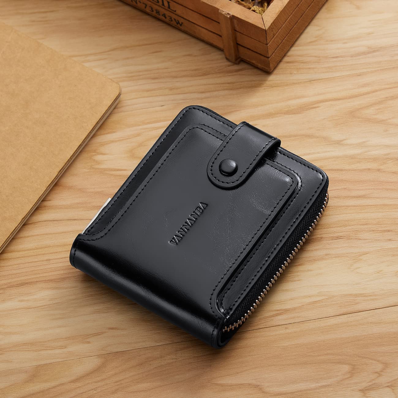 VANNANBA Men's RFID Blocking Leather Bifold Wallet with Zipper & ID Window - Slim Zip Coin Pocket Wallet for Men (Black) | Perfect for Travel, Business & Everyday Use