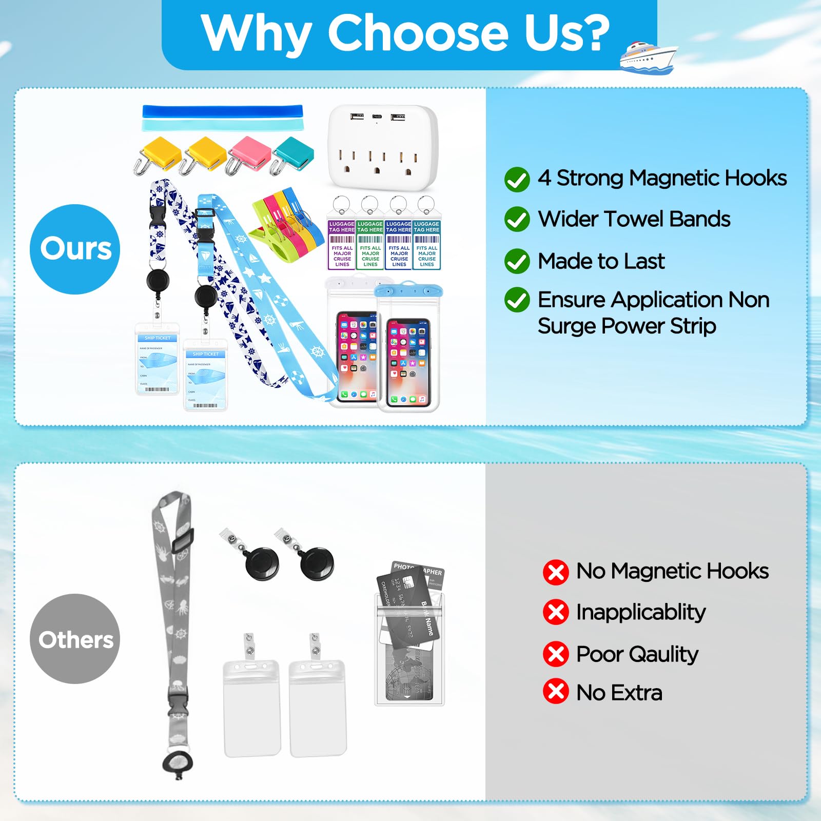 2025 Cruise Essentials Kit - Power Strip, Lanyards, Hooks & More for Cruise Vacations