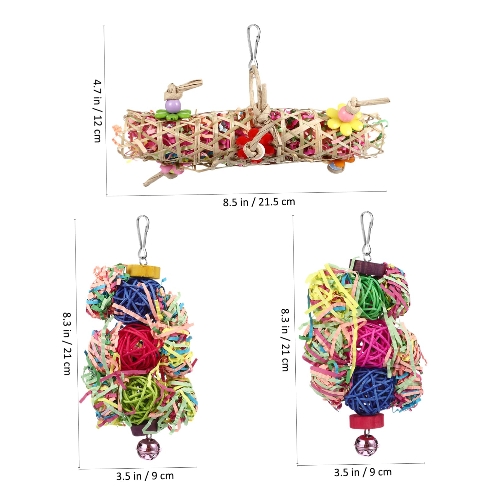 Balacoo 3 Pcs Cockatiel Toys - Parrot Foraging Hanging Shredder, Chewing Perch for Macaws, Conures & African Greys - Wooden Bite Cone Tail Bird Toy for Cage Enrichment and Mental Stimulation