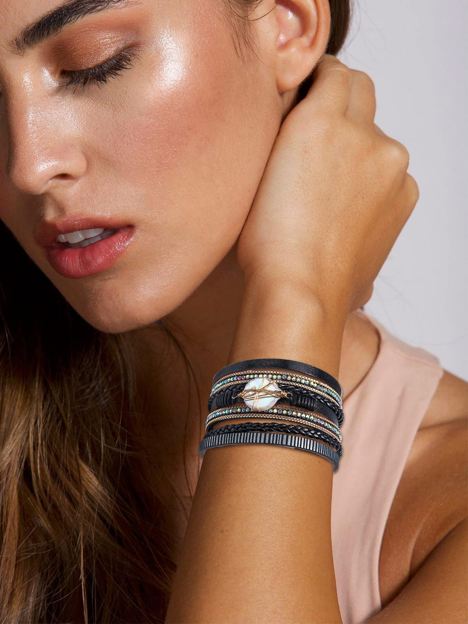 Trendy Blue Leather Wrap Bracelet for Women - Stackable Western Cuff Bracelet, Multi-Layer Boho Jewelry for Everyday Wear & Fashion Accessories