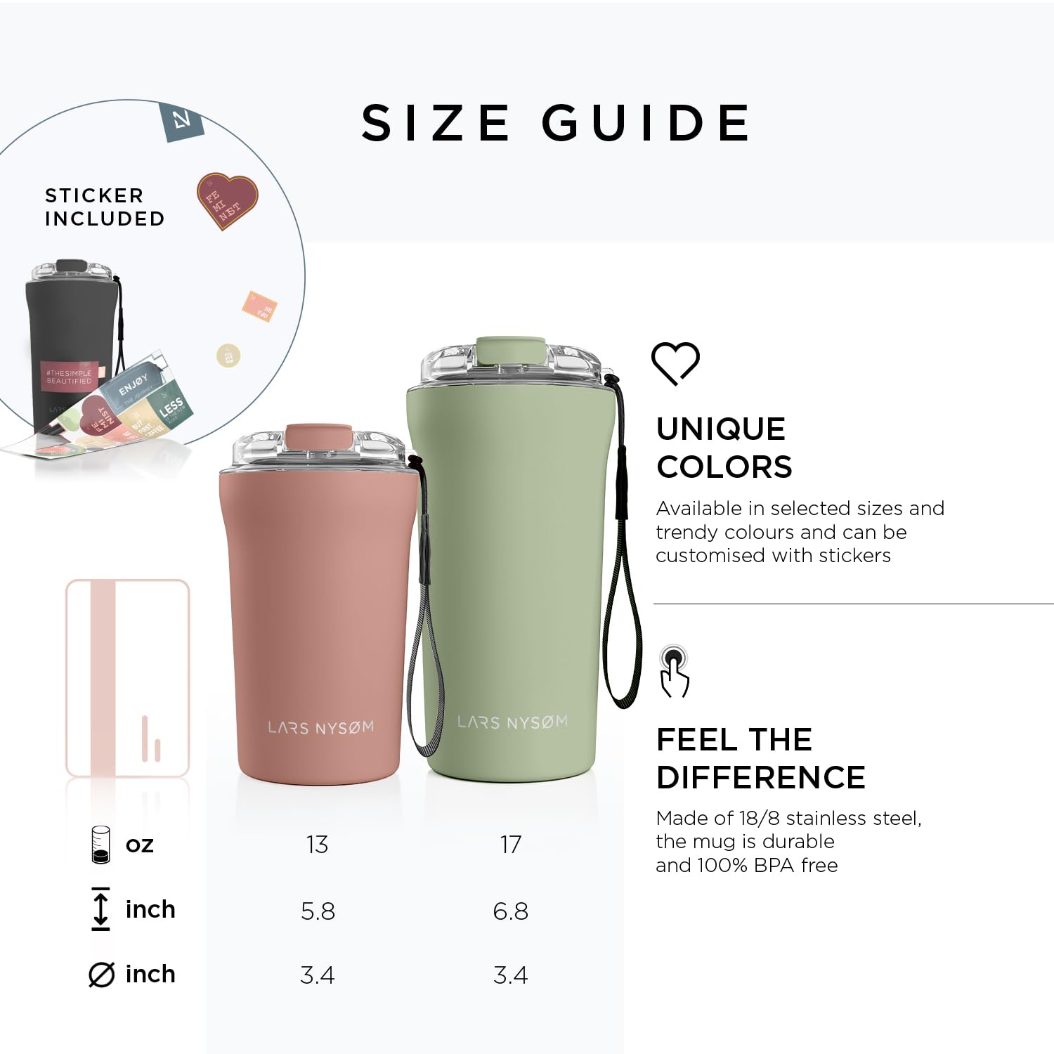 LARS NYSØM 13 oz Insulated Stainless Steel Travel Coffee Mug with Leak-Proof Lid & Carry Strap - Thermal Tumbler for Hot/Cold Beverages - Perfect for Commuting, Camping & Office Use (Sage Green)