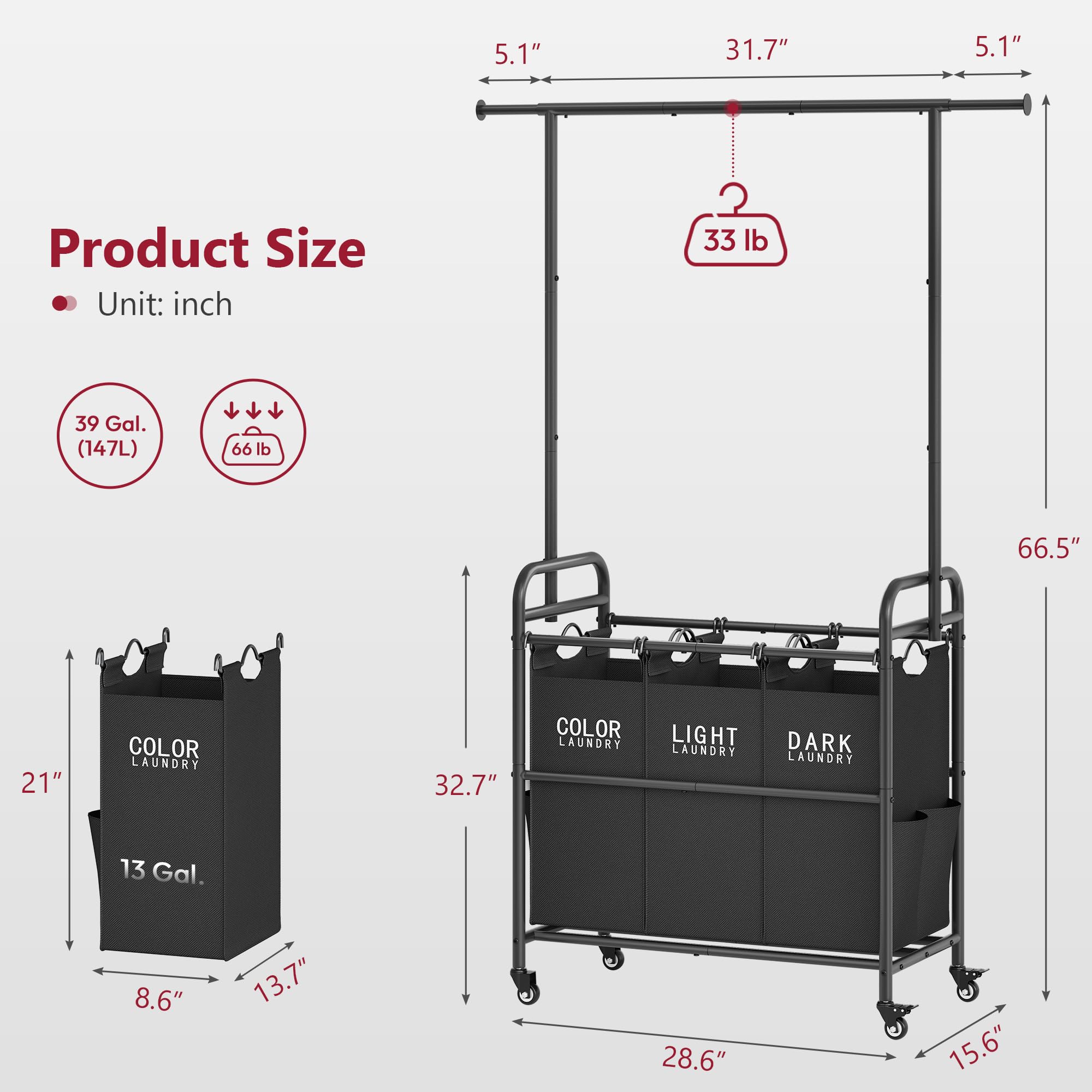 Tajsoon 3-Section Laundry Sorter Cart with Hanging Rack & Lockable Wheels - Heavy Duty Rolling Laundry Hamper for Bedroom, Closet, or Laundry Room Organization (Black)
