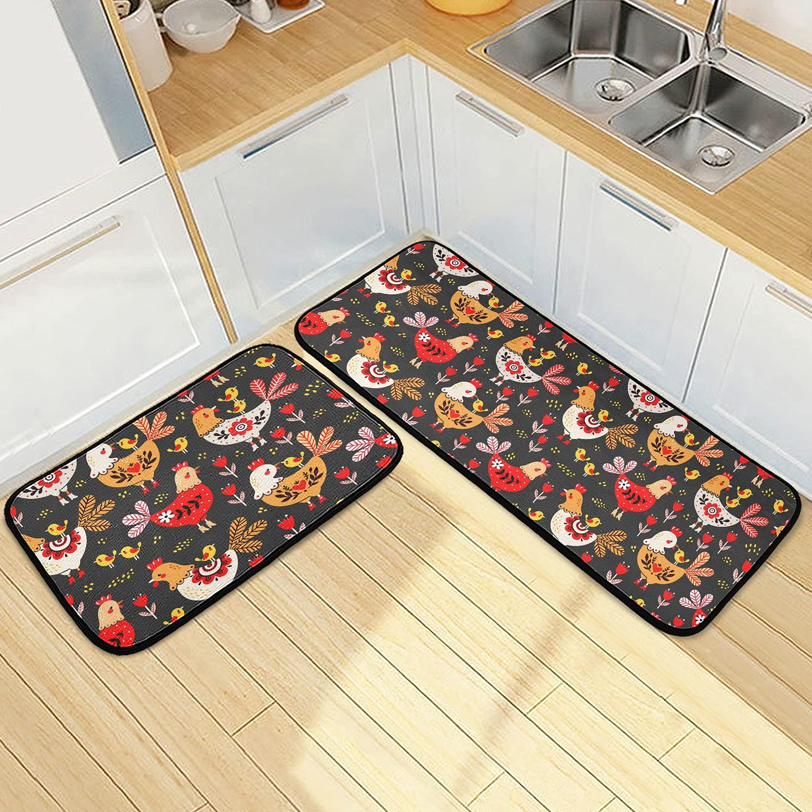Non-Slip Rooster Kitchen Rugs Set - Anti-Fatigue Floor Mats for Sink & Laundry Areas