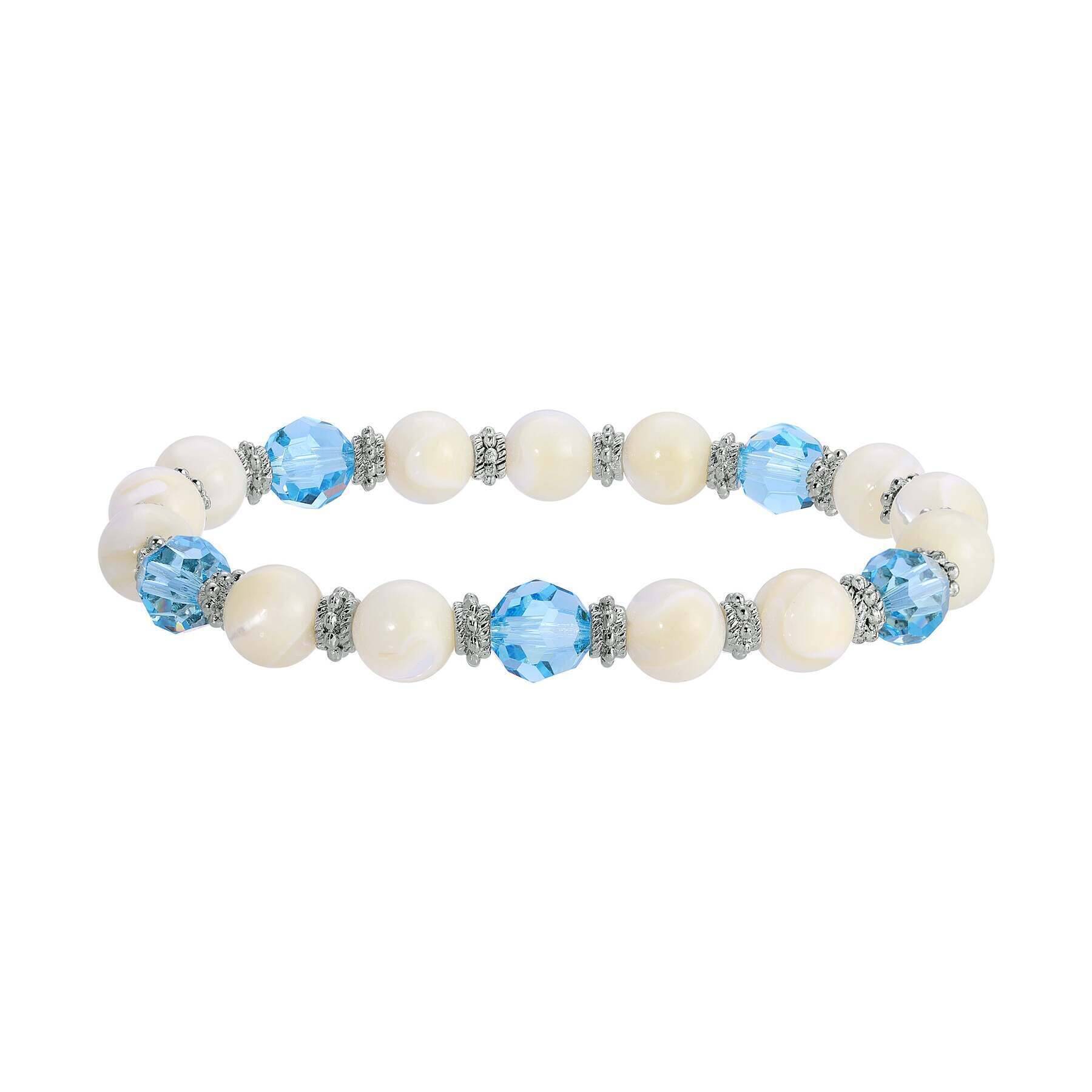 1928 Jewelry Aquamarine Crystal Mother of Pearl Stretch Bracelet - Elegant Beaded Wristband for Women's Fashion Accessories, Perfect for Parties, Weddings & Everyday Wear