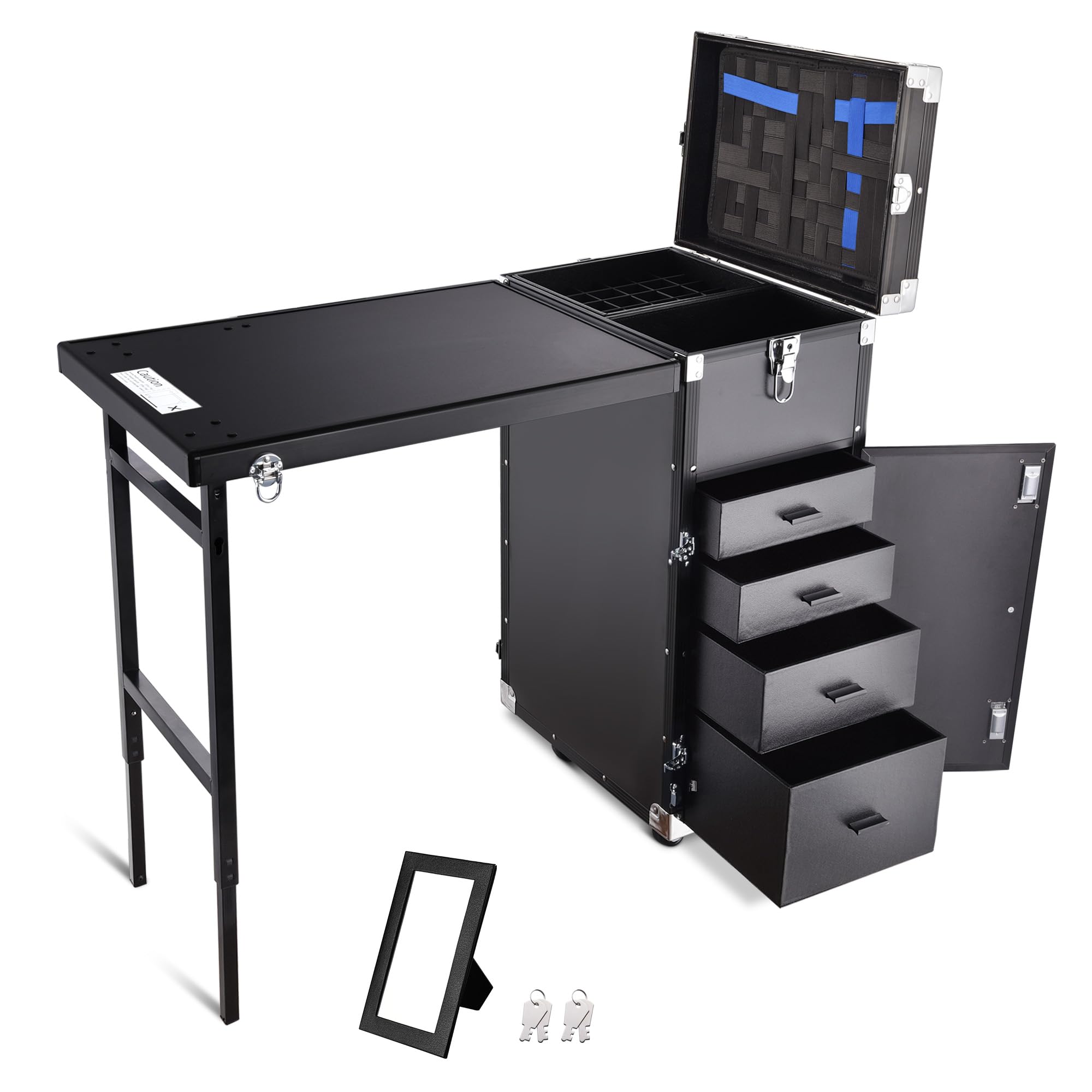 BYOOTIQUE Portable Rolling Manicure Table with 4 Drawers & Mirror - Foldable Nail Salon Station, Makeup Train Case & Tattoo Workstation for Professional Beauty Services, Home Salon & Travel Use - Black