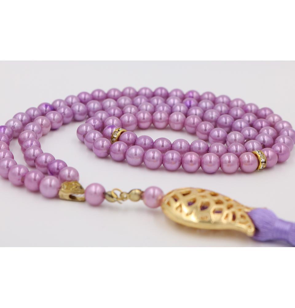 Premium Islamic Tesbih - 99 Count Acrylic Pearl Prayer Beads with Elegant Tulip Tassel in Lilac - Perfect for Daily Dhikr, Meditation & Spiritual Gifts