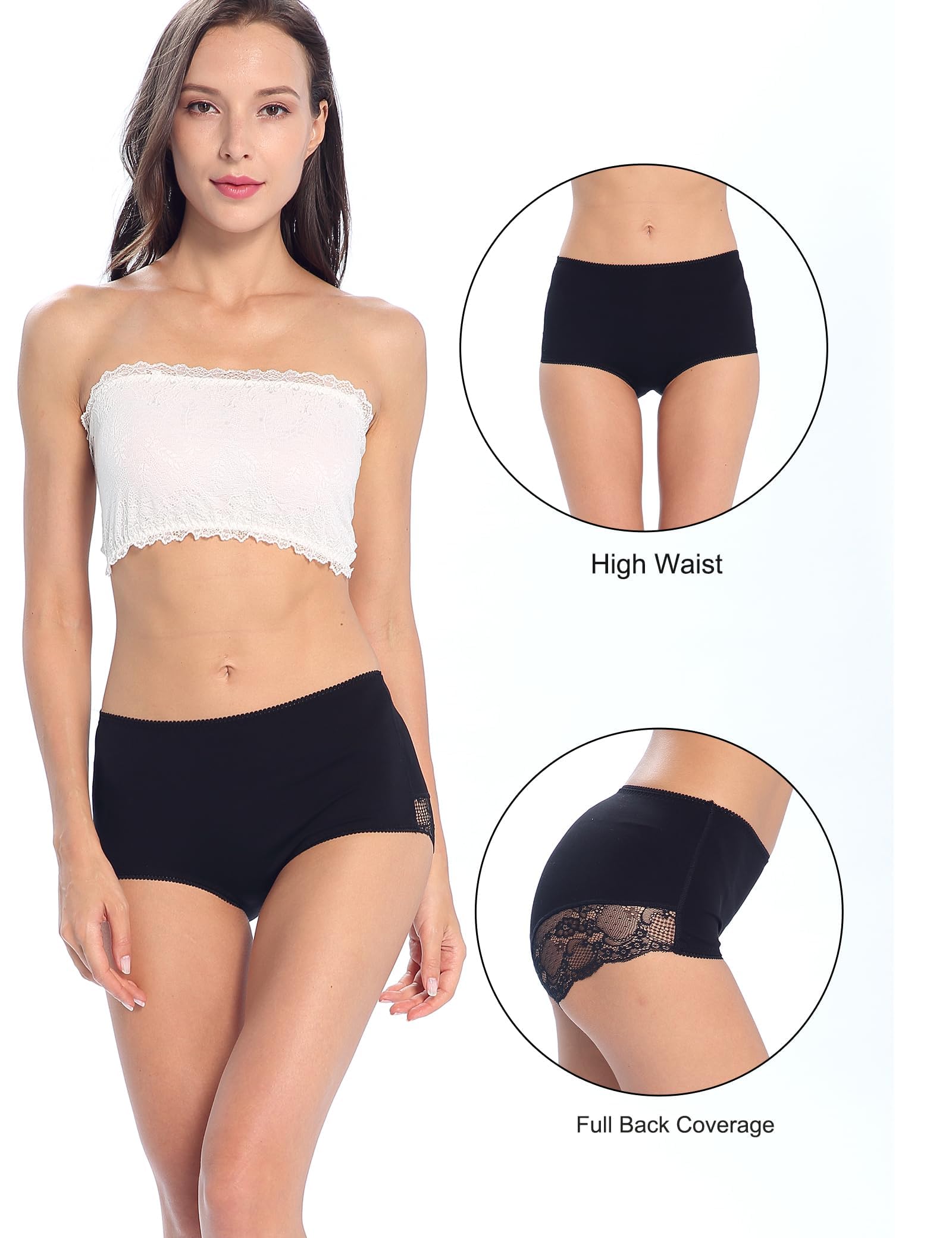 Lace Underwear for Women - High Waisted Cotton Briefs, Full Coverage No Roll Panties Multipack (3/5 Pack) - Comfortable Everyday Wear for Work, Yoga & Sleep