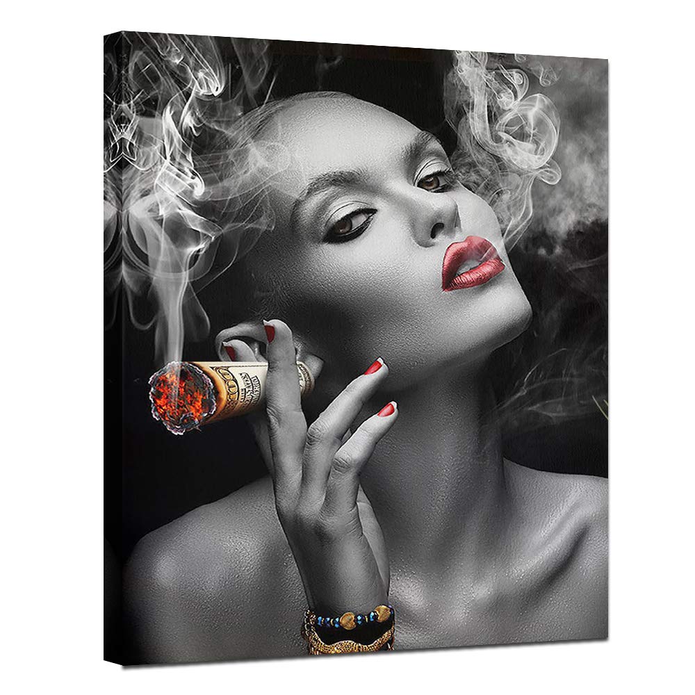 Red Lips Woman Smoking Money Cigar Wall Art - Black & Red Glamorous Lady Canvas Painting (28