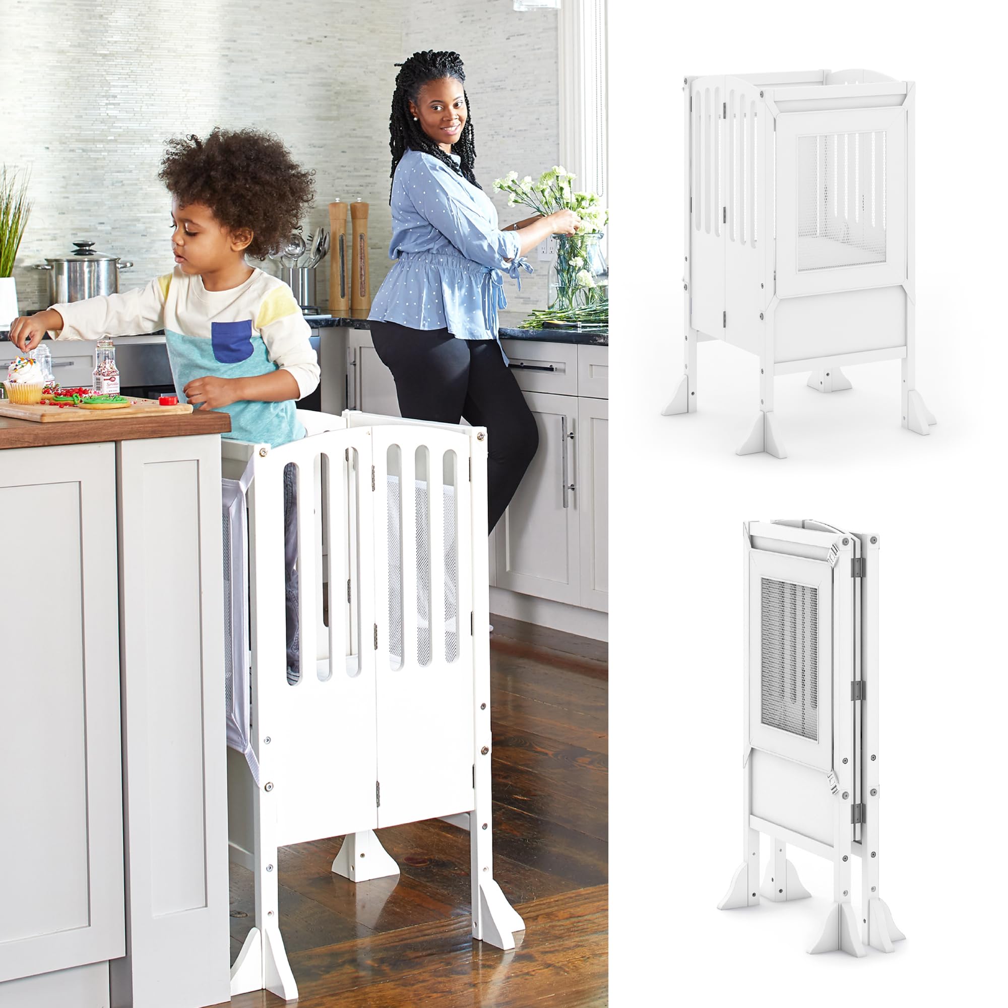 Guidecraft Kitchen Helper Toddler Tower Step Stool - Adjustable Height Montessori Learning Stool for Kids - White Wooden Foldable Step Stool for Kitchen, Baking & Cooking Activities - Safe Toddler Standing Platform
