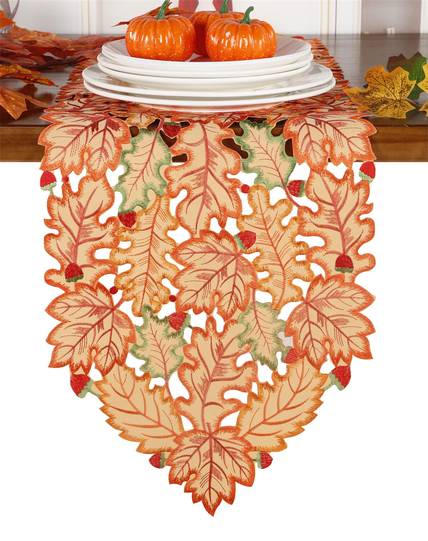 GRANDDECO 13x54 Inch Fall Table Runner with Cutwork Embroidered Maple Leaves - Autumn Harvest Thanksgiving Table Decor for Holiday Dinner, Party & Daily Home Decor - Coffee Brown (Perfect for Thanksgiving Gatherings, Fall Weddings & Cozy Seasonal Home Styling)