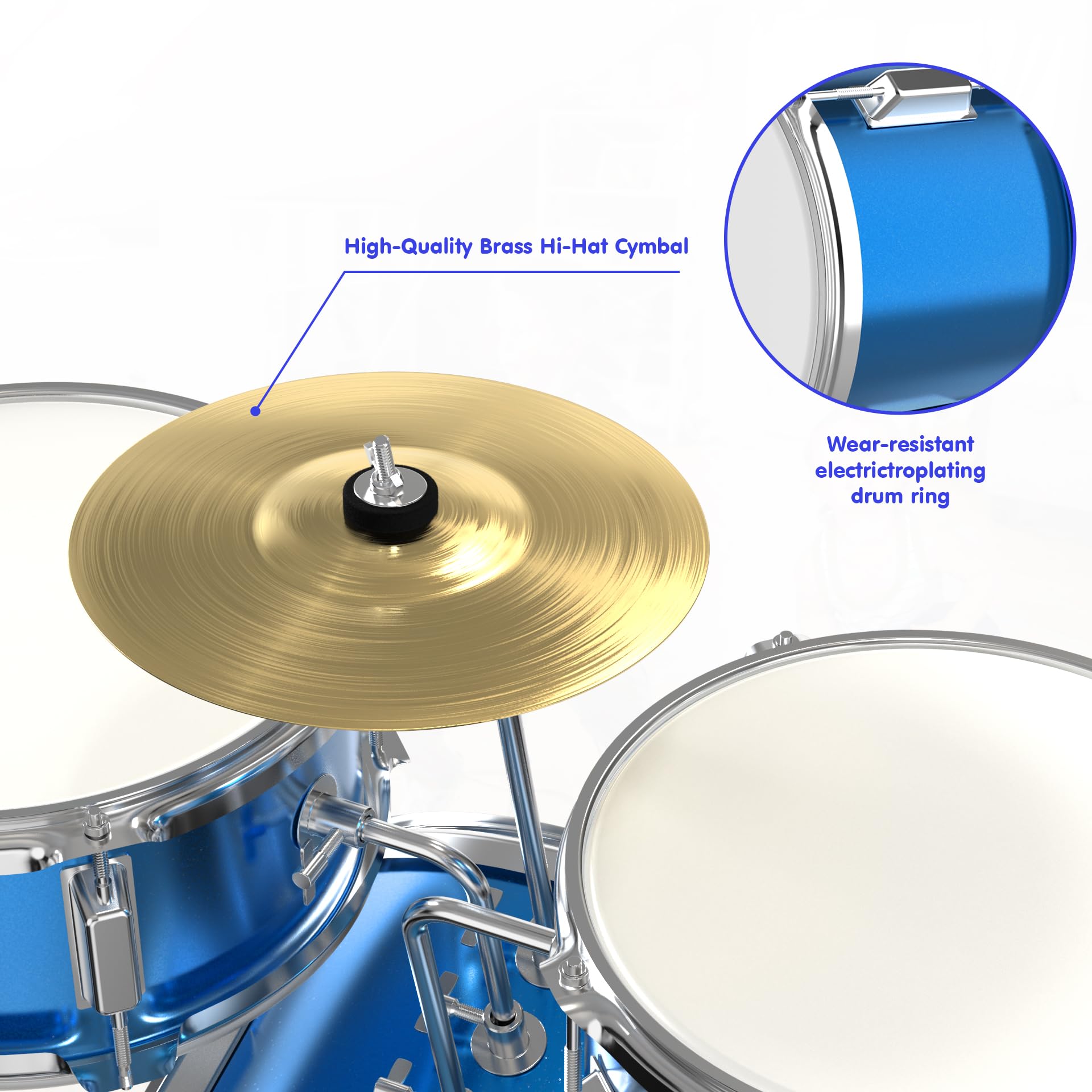 Sky Blue 3-Piece Beginner Drum Set with Throne Stool - Complete Starter Drum Kit for Kids & Teens | Perfect for Home Practice, Music Lessons & Rock Band Performances
