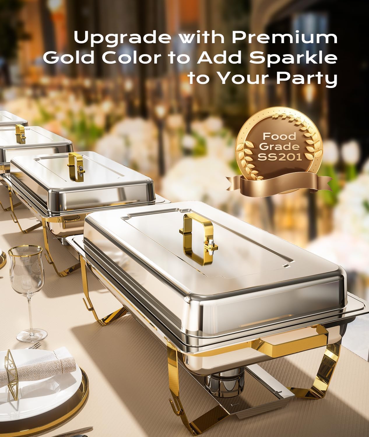 4-Pack Stainless Steel Buffet Chafing Dishes Set - 8QT Elegant & Sturdy Food Warmers for Catering, Weddings, Parties (Gold & Silver) - Keep Meals Hot at Events, Banquets & Buffet Serving