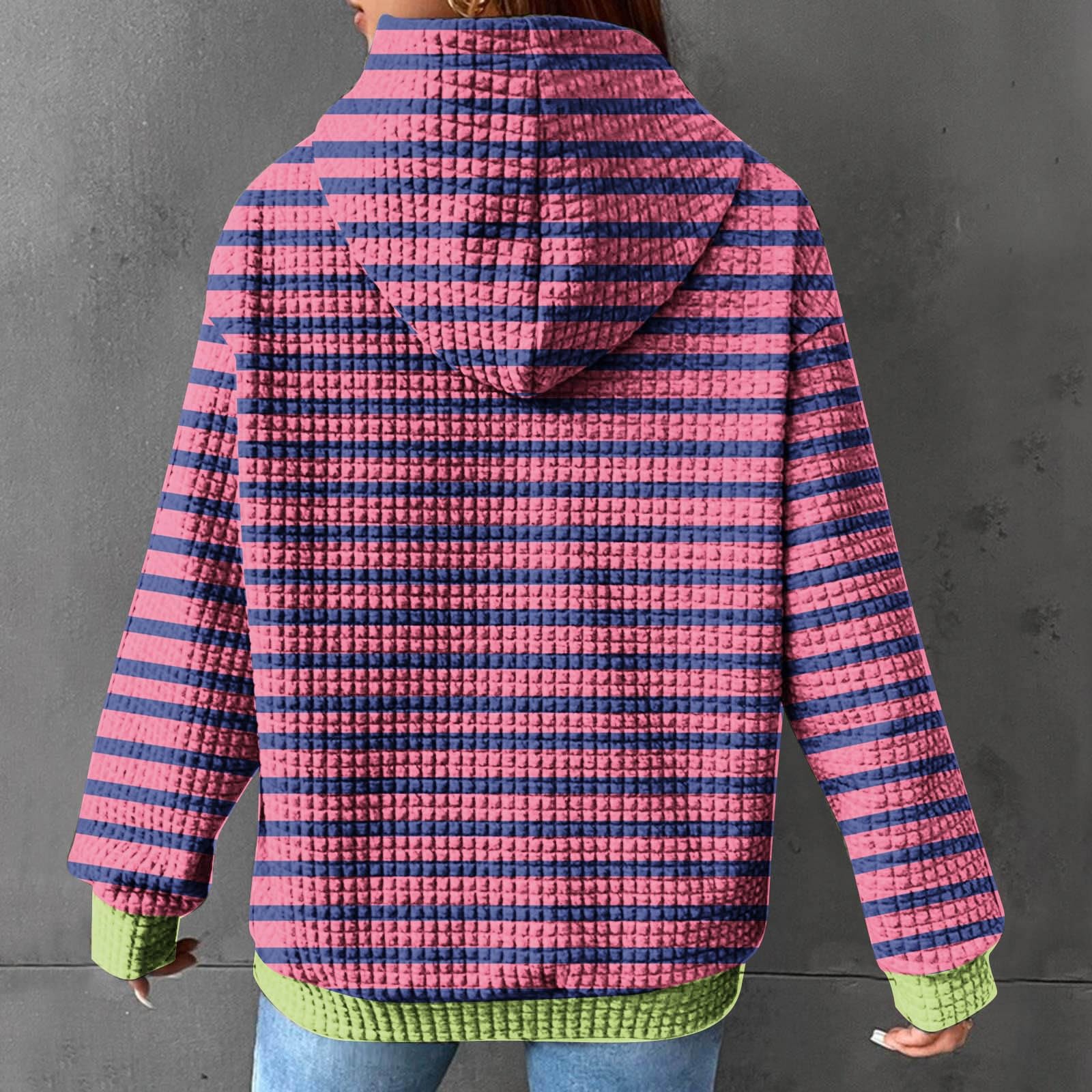 Women's Fashion Waffle Striped Hoodie - Long Sleeve Drawstring Sweatshirt, Loose Winter Fall Pullover Blouse Top for Casual Wear & Outdoor Activities