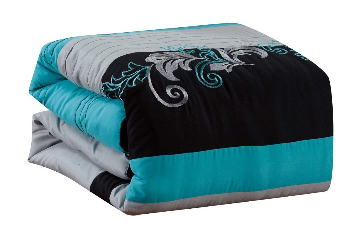 Chezmoi Collection Napa 7-Piece Luxury Leaves Scroll Embroidery Comforter Set - Full Size, Teal Blue/Gray/Black - Soft Bedding for Master Bedroom, Guest Room & Hotel Decor
