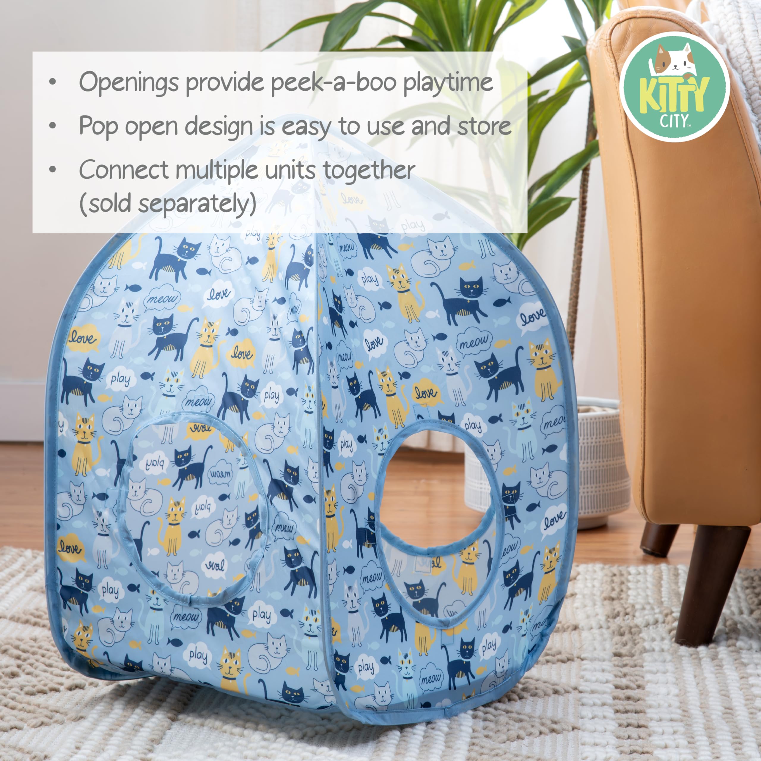 Kitty City Cat Print Play Furniture - Blue Play House for Cats | Indoor Pet Playhouse for Kittens & Adult Cats | Fun & Cozy Cat Hideout