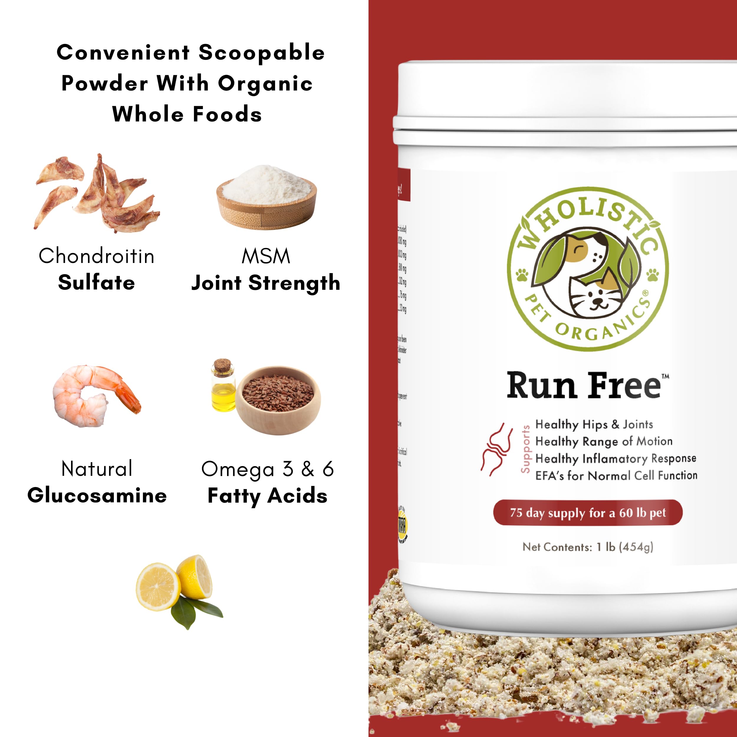 Wholistic Pet Organics Run Free - 1 Lb - Glucosamine Chondroitin MSM Dog Joint Supplement for Senior Dogs & Cats, Hip & Joint Pain Relief, Mobility Support - Ideal for Active Pets & Aging Animals