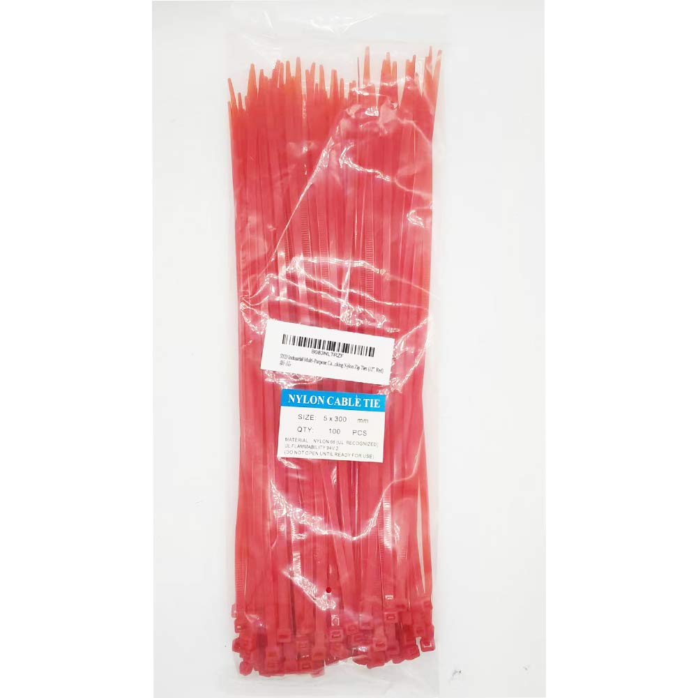 SYD Industrial Heavy Duty Multi-Purpose Nylon Cable Ties - 12 Inch Self Locking Zip Ties (100 Pack, Red) for Home, Office & Electrical Wire Organization