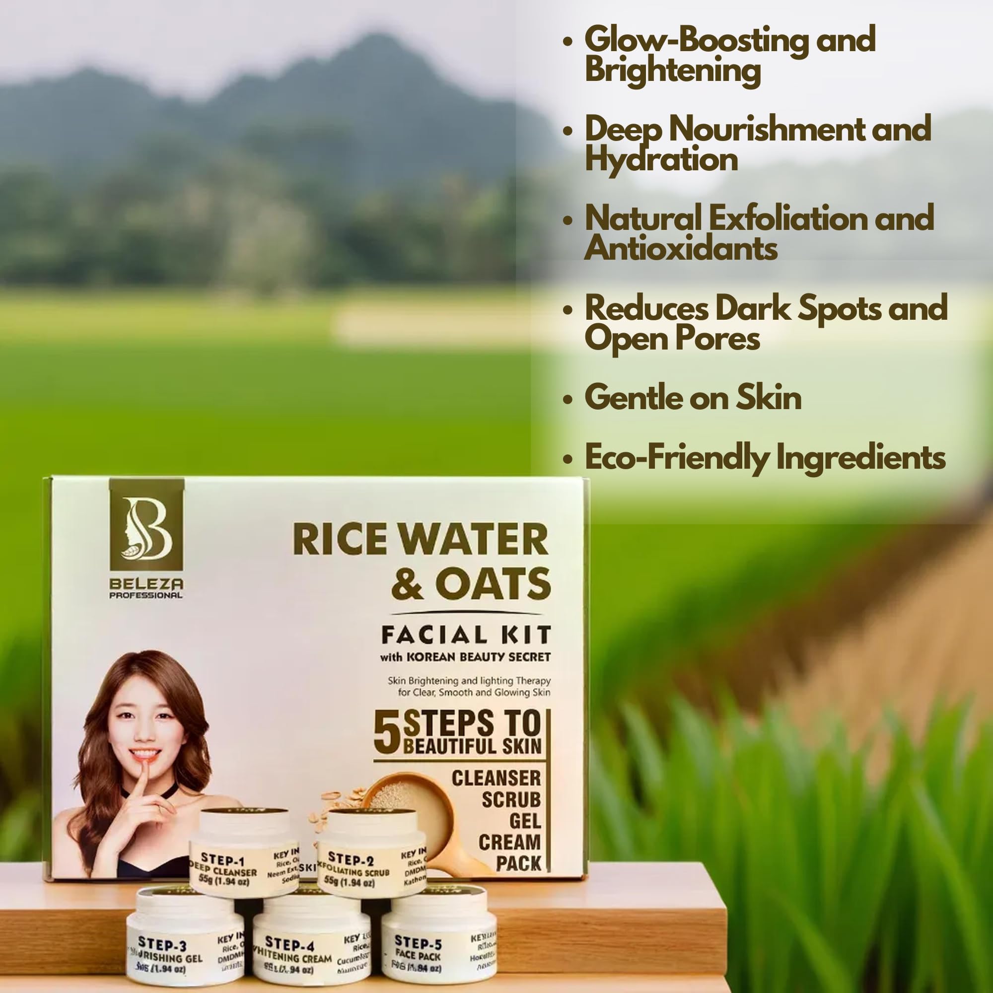 Beleza Professional Rice Water & Oats Facial Kit with Korean Beauty Secrets (275g) - Hydrating & Brightening Skincare for Glowing Complexion | Perfect for Daily Cleansing & Nighttime Routine