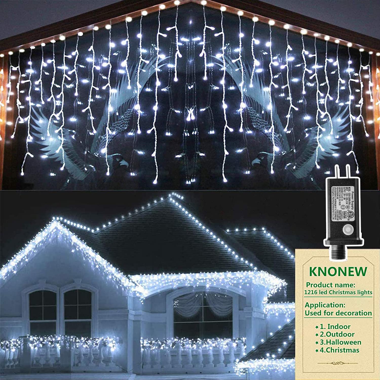 KNONEW 99FT 1216 LED Christmas Lights Outdoor Decorations - 8 Modes White Curtain String Lights with 228 Drops, Clear Wire LED String Lights for Indoor/Outdoor Use - Perfect for Wedding, Party, Holiday, Christmas Decorations & Home Garden Decor