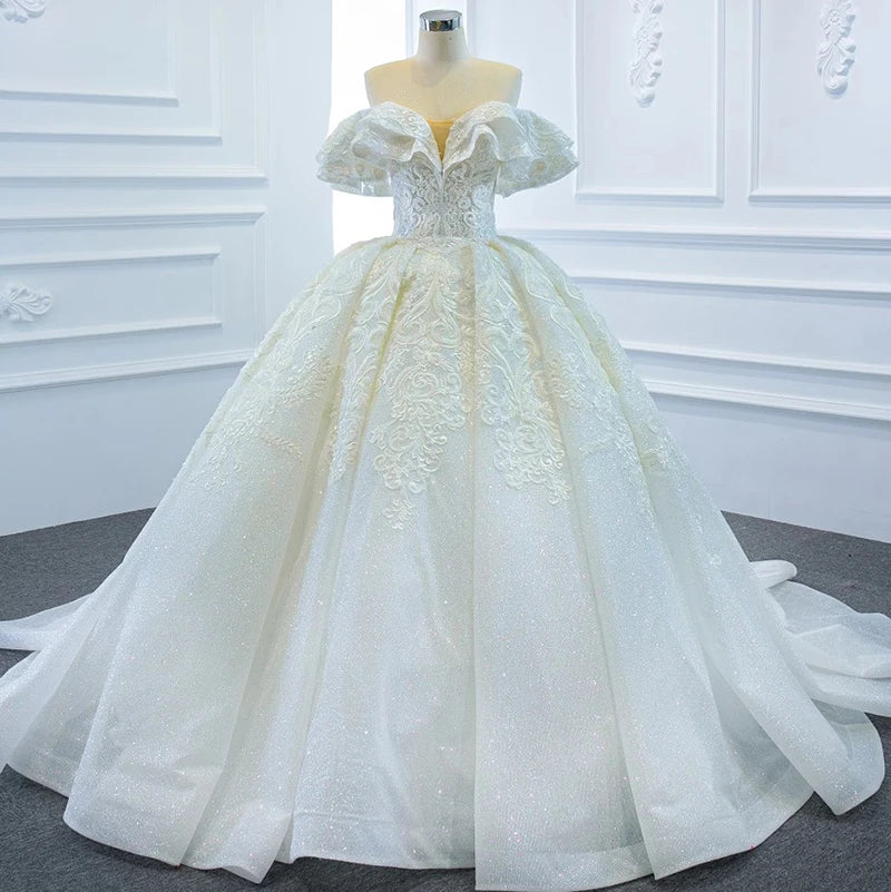 Elegant Off-the-Shoulder Organza Wedding Dress with Floral Embroidery & Empire Waist - Perfect for Bridal, Formal Events & Princess-Themed Weddings