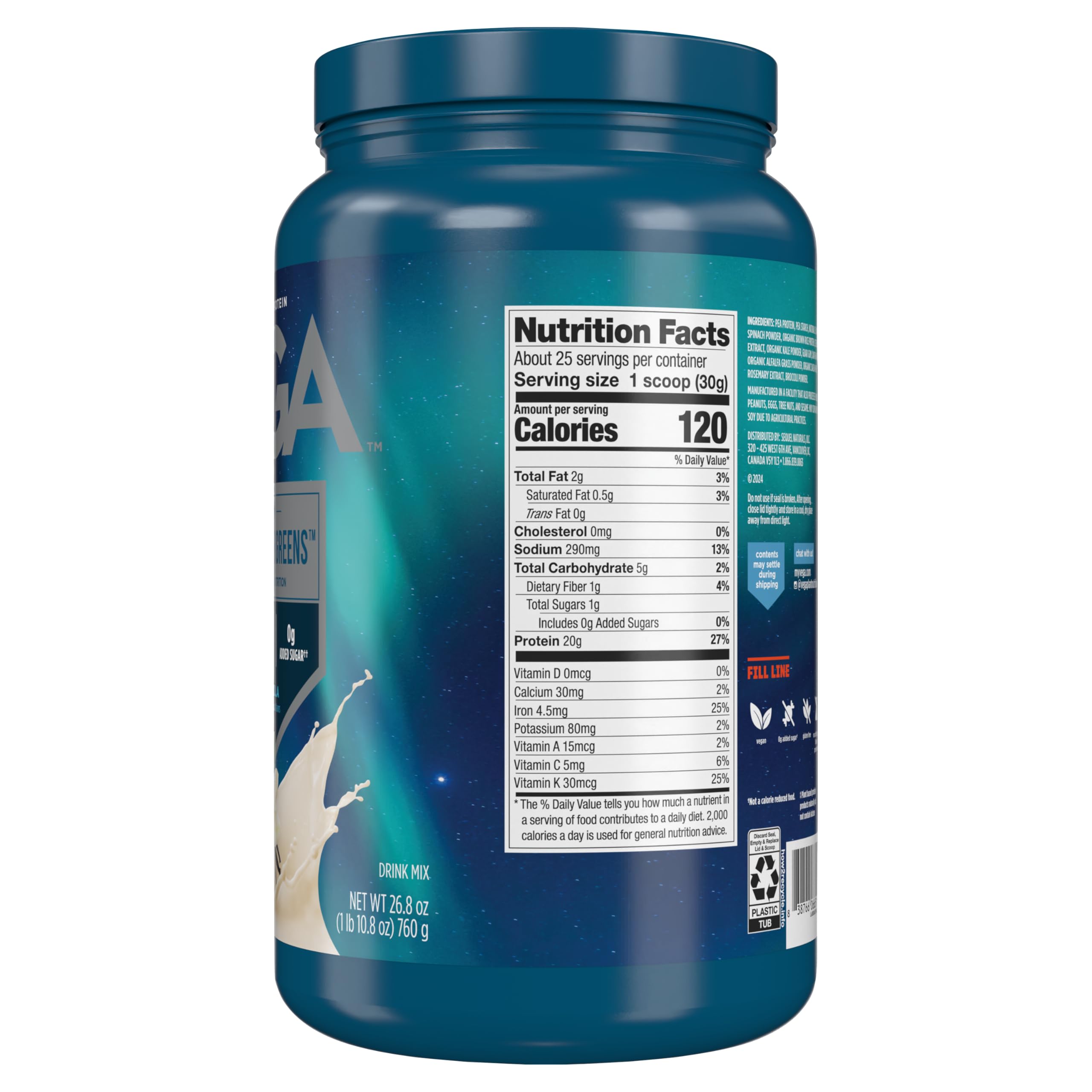Vega Protein and Greens Vanilla Protein Powder - 20g Plant-Based Vegan Protein with Superfoods, Non-GMO, Pea Protein for Men & Women, 1.7 lb | Post-Workout Recovery & Meal Replacement Shake