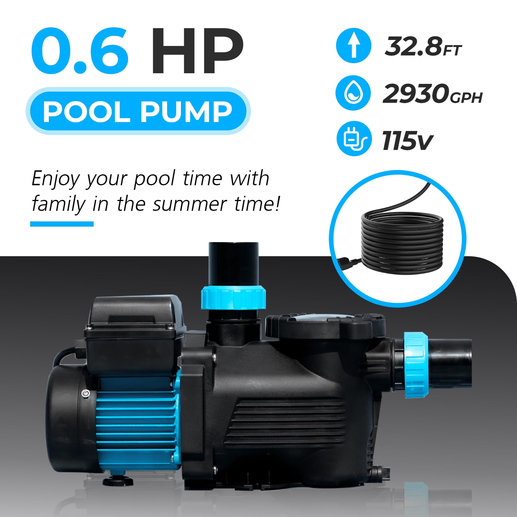0.6HP 2930 GPH In-Ground & Above Ground Pool Pump, 115V Swimming Pool Water Circulation System - Perfect for Backyard, Residential & Commercial Pools