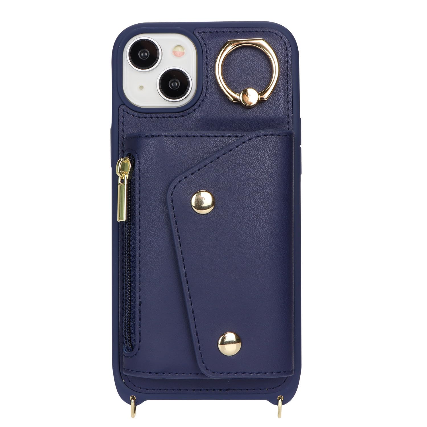 Premium iPhone 15 Wallet Case with Card Holder & Adjustable Crossbody Strap - Zipper Pocket, Stand Ring, 6.1 Inch Protective Phone Cover for Women (Dark Blue) - Perfect for Travel, Shopping & Everyday Use