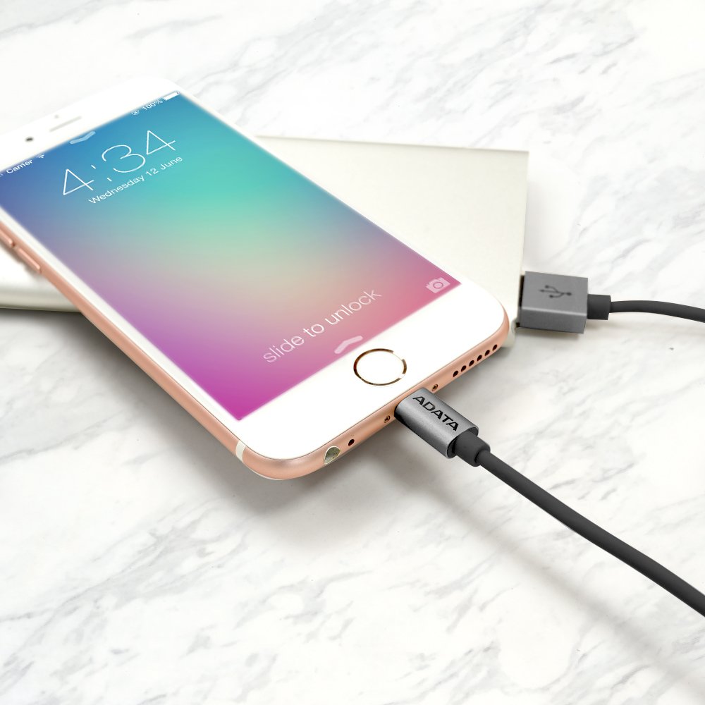 ADATA MFi Certified Aluminum Lightning Cable for iPhone, iPad - 3.3ft Durable Titanium Charging Cord - Fast Charging & Sync for iPhone 14/13/12/11/X/8/7/6 - Perfect for Home, Office, Travel & Car Use