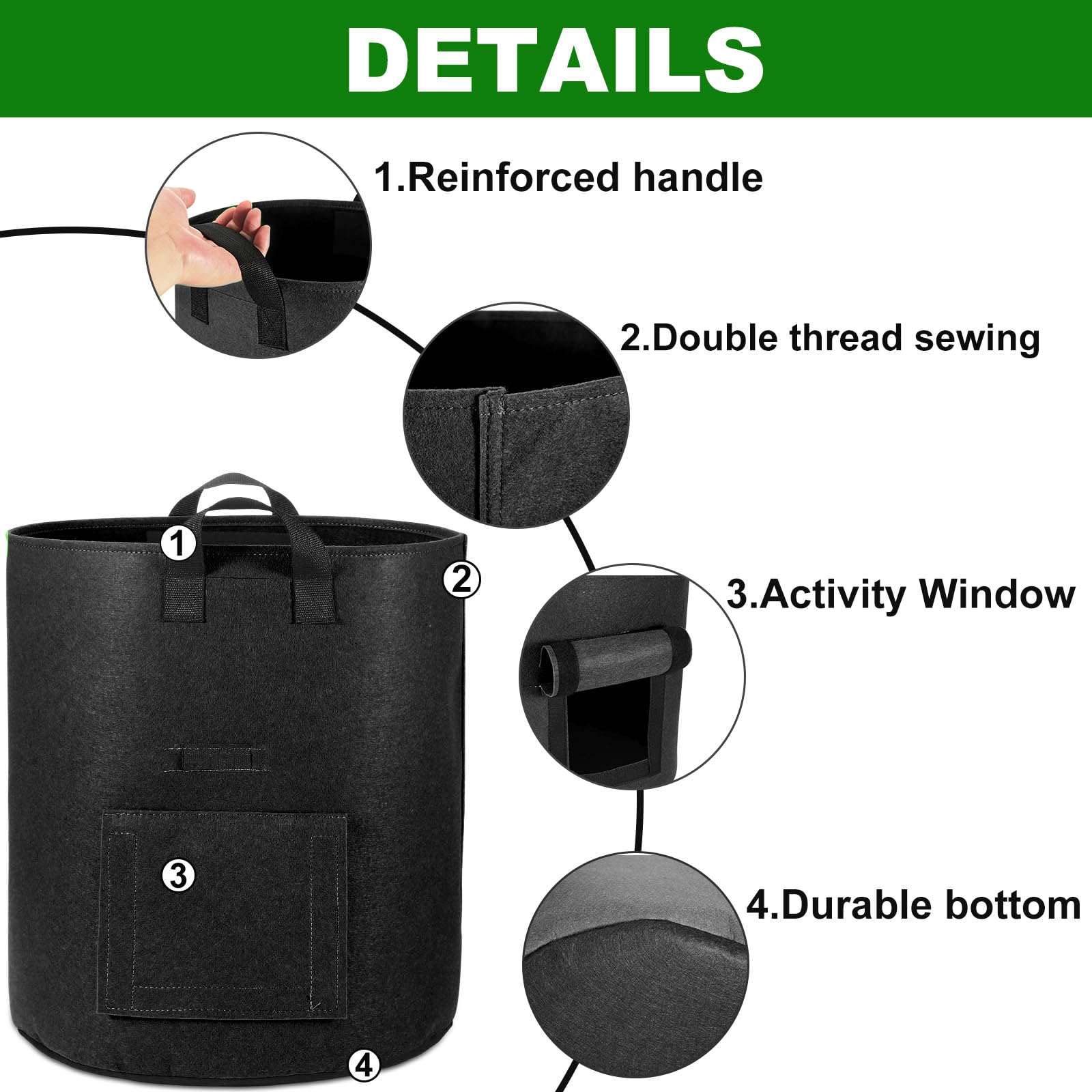 4-Pack 10 Gallon Potato Grow Bags with Viewing Window - Heavy Duty Aeration Fabric Plant Pots with Handles for Gardening, Vegetables & Root Crops (Black) - Perfect for Patio, Balcony & Indoor Planting