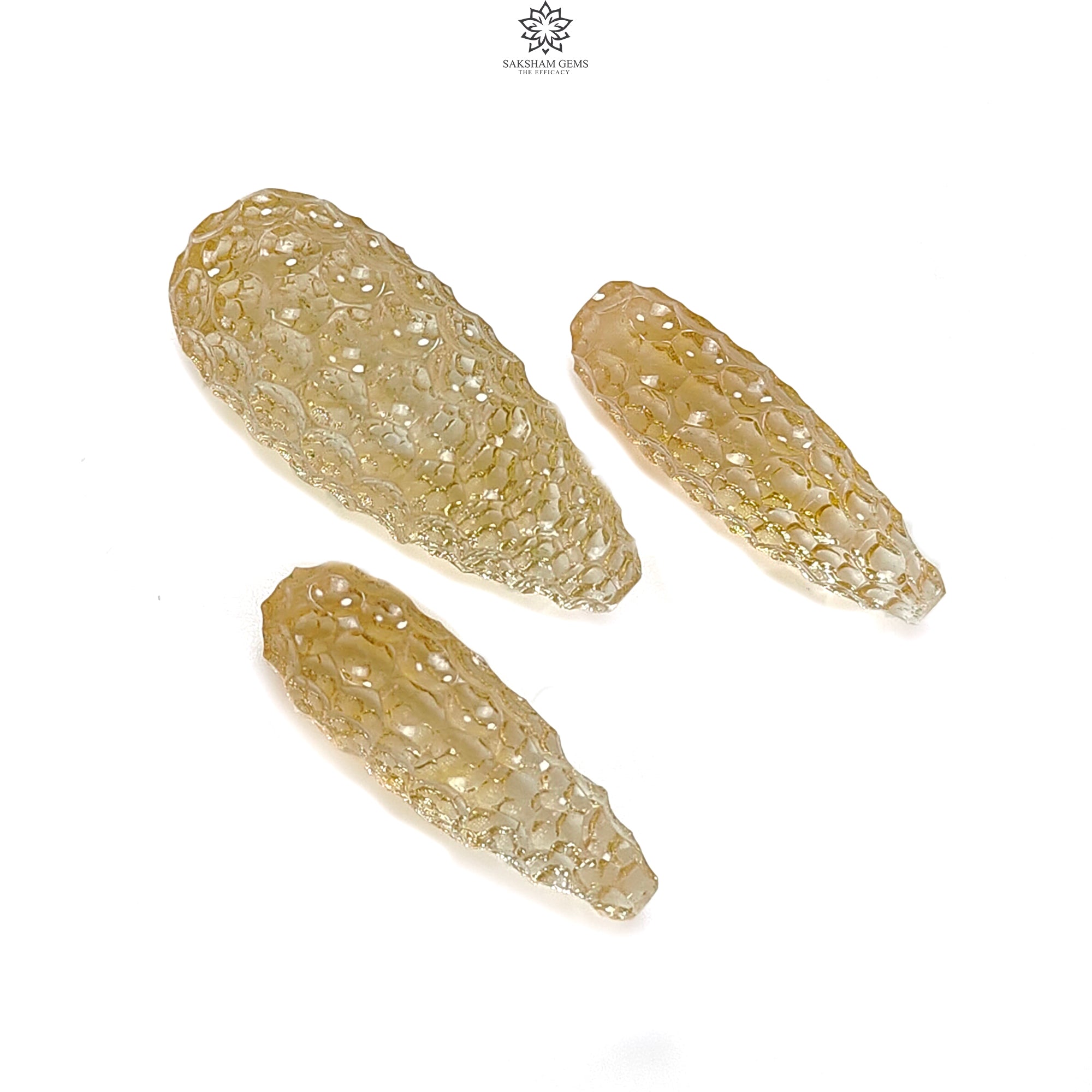 Natural Untreated Yellow Citrine Gemstone Carving - 42.40cts Hand Carved Teardrop Shape 23mm-28mm 3pc Set | November Birthstone Jewelry | Perfect for Necklace Pendants, Earrings & Gift Giving